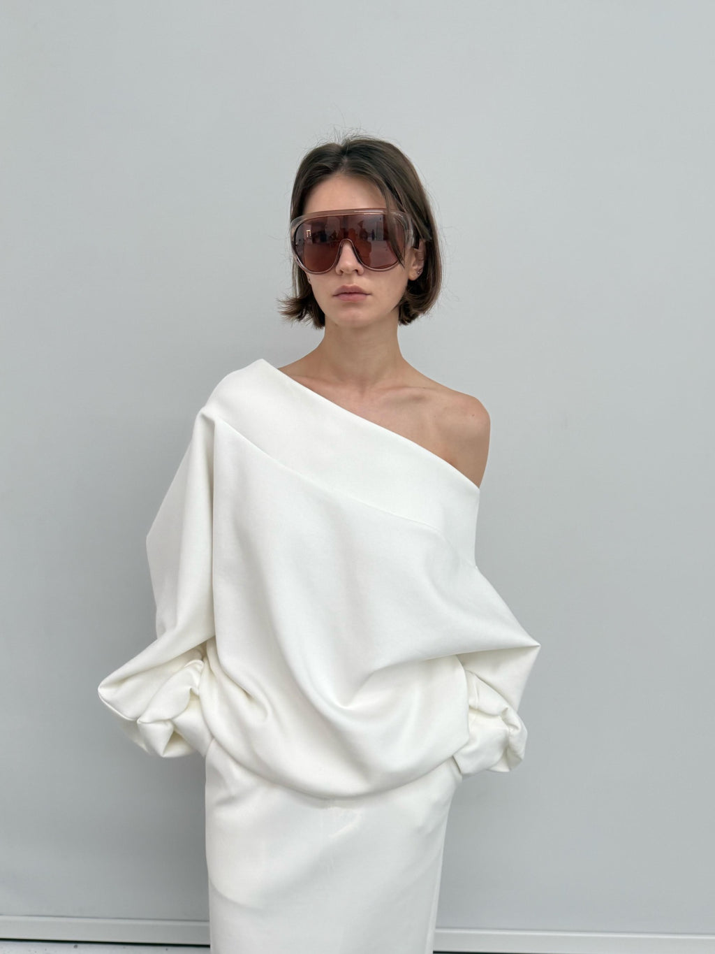 BUZHOU Cotton Long Sleeve Minimal One Shoulder Women Casual Top & Skirt Sets
