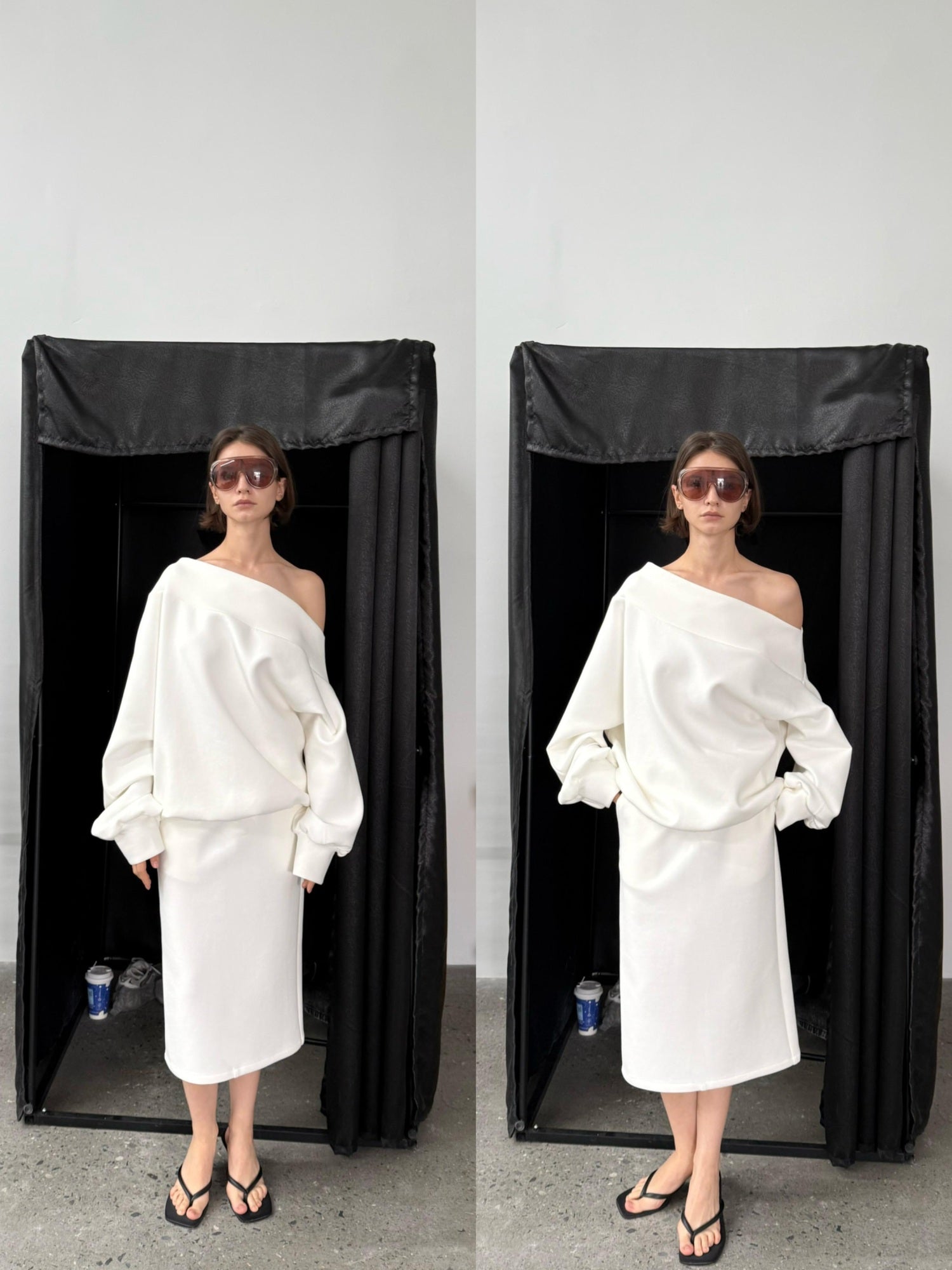 BUZHOU Cotton Long Sleeve Minimal One Shoulder Women Casual Top & Skirt Sets