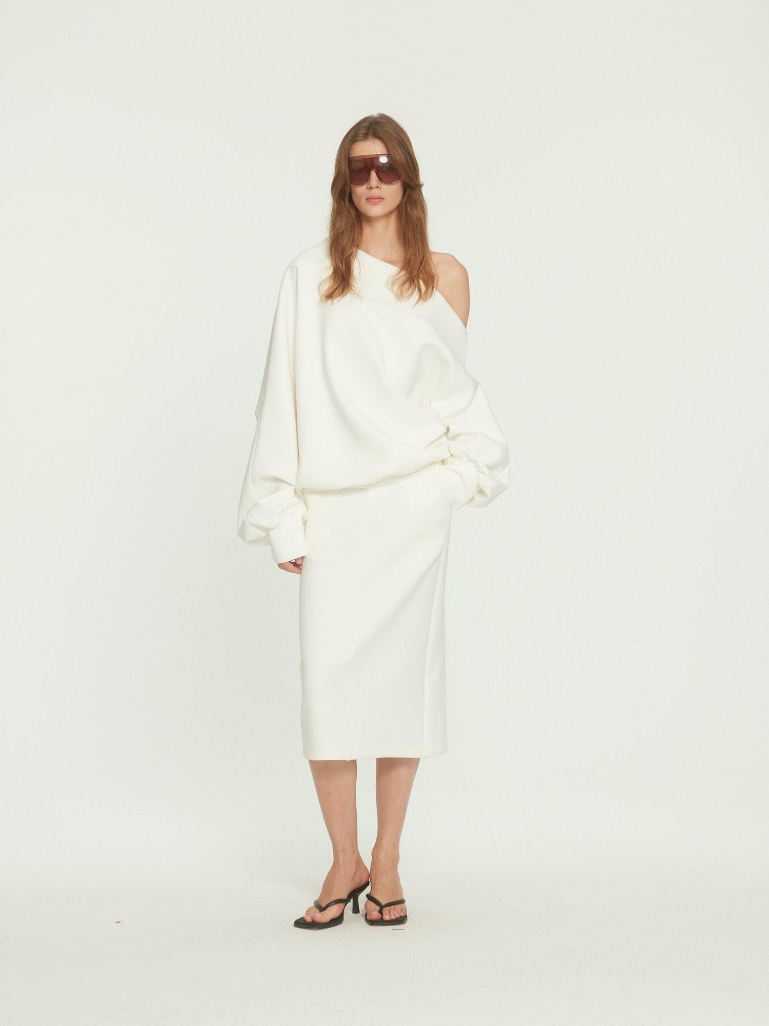 BUZHOU Cotton Long Sleeve Minimal One Shoulder Women Casual Top & Skirt Sets