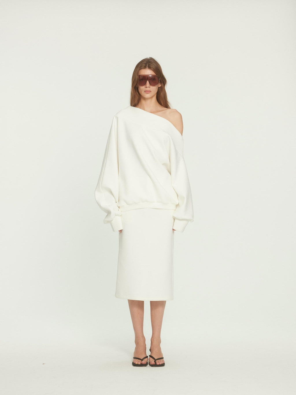 BUZHOU Cotton Long Sleeve Minimal One Shoulder Women Casual Top & Skirt Sets