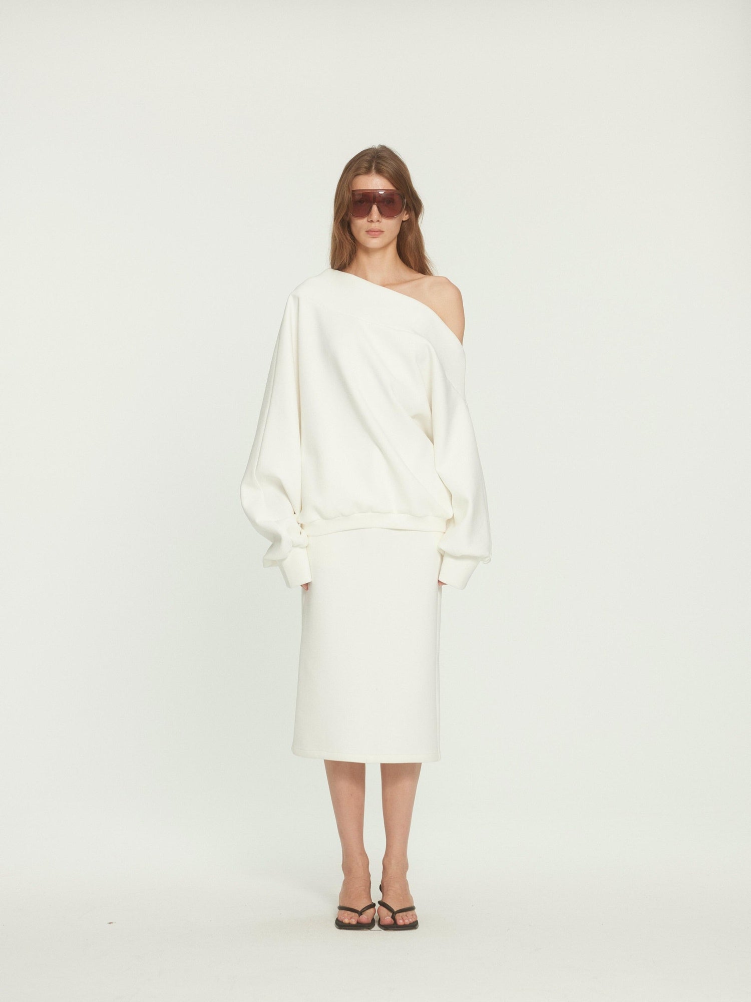 BUZHOU Cotton Long Sleeve Minimal One Shoulder Women Casual Top & Skirt Sets