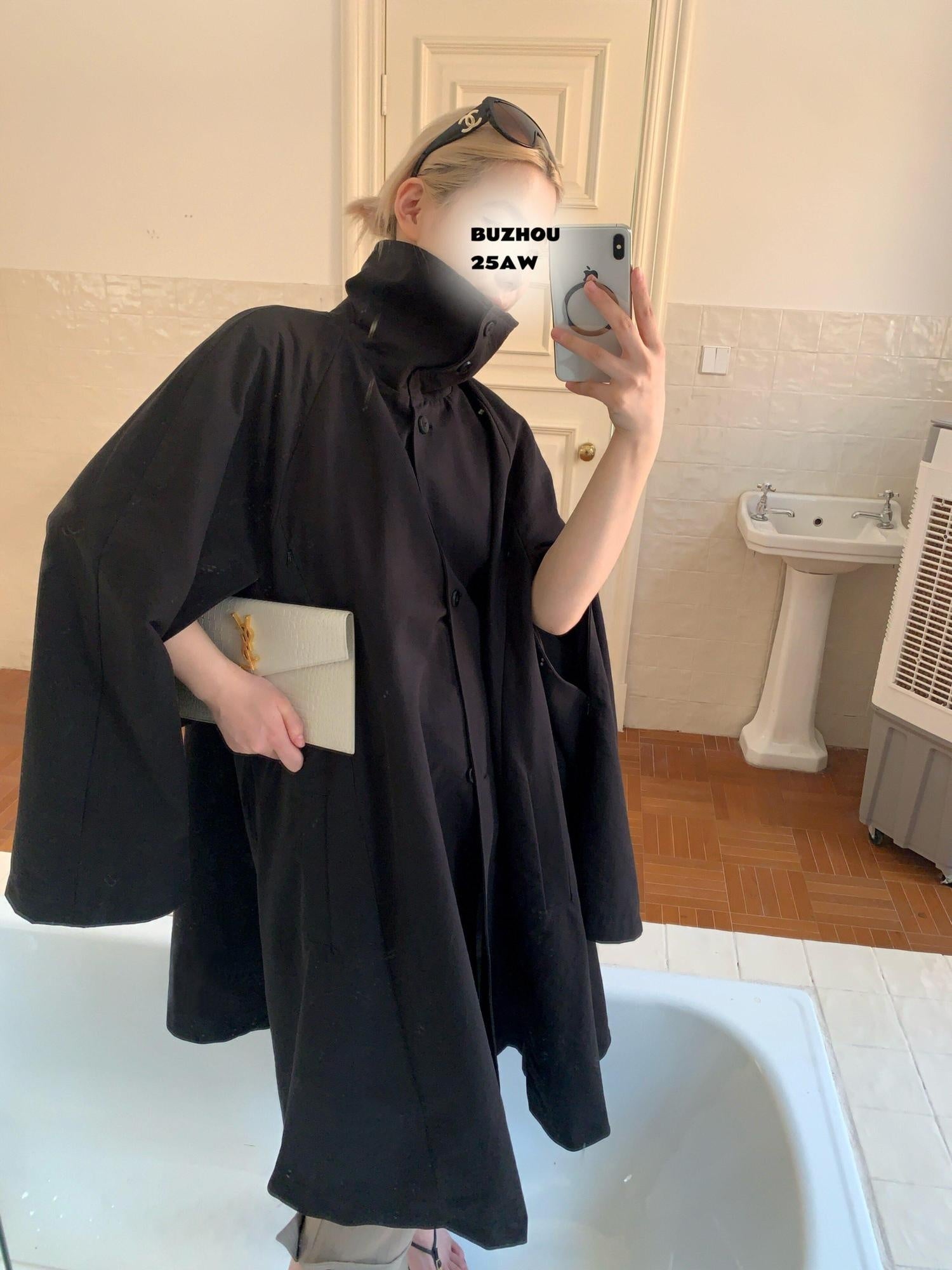 BUZHOU Cotton Rich High Collar Batwing Sleeves Loose Midlength Commuter Trench Coats