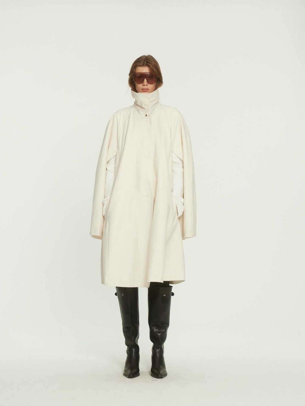 BUZHOU Cotton Rich Loose Fit High Collar Mid Length A Line Beige Trench Coats