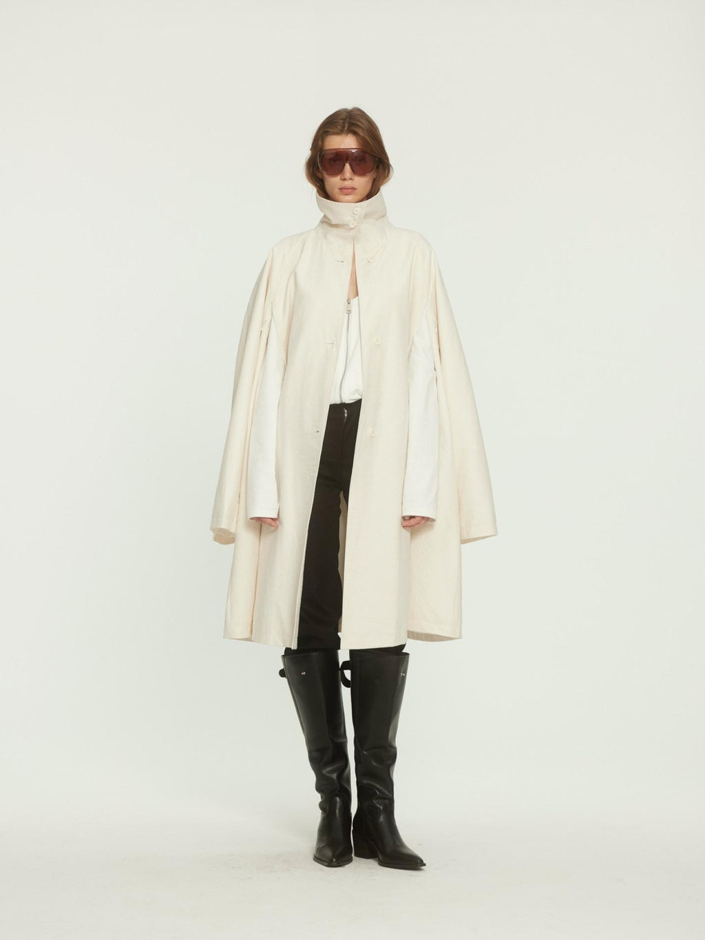 BUZHOU Cotton Rich Loose Fit High Collar Mid Length A Line Beige Trench Coats