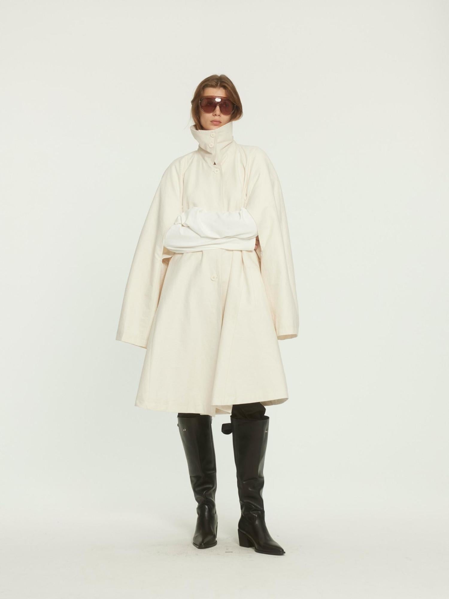 BUZHOU Cotton Rich Loose Fit High Collar Mid Length A Line Beige Trench Coats