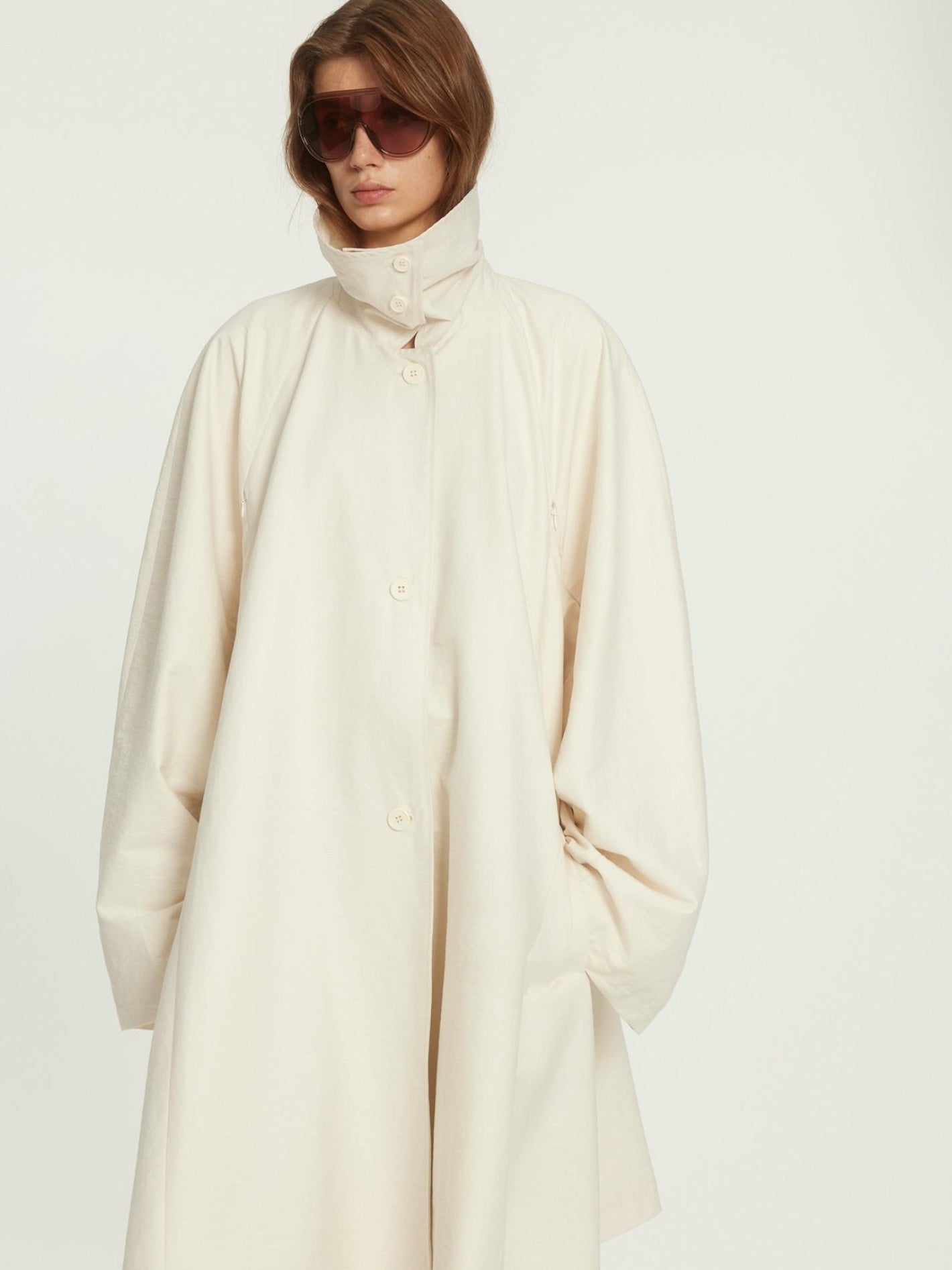 BUZHOU Cotton Rich Loose Fit High Collar Mid Length A Line Beige Trench Coats