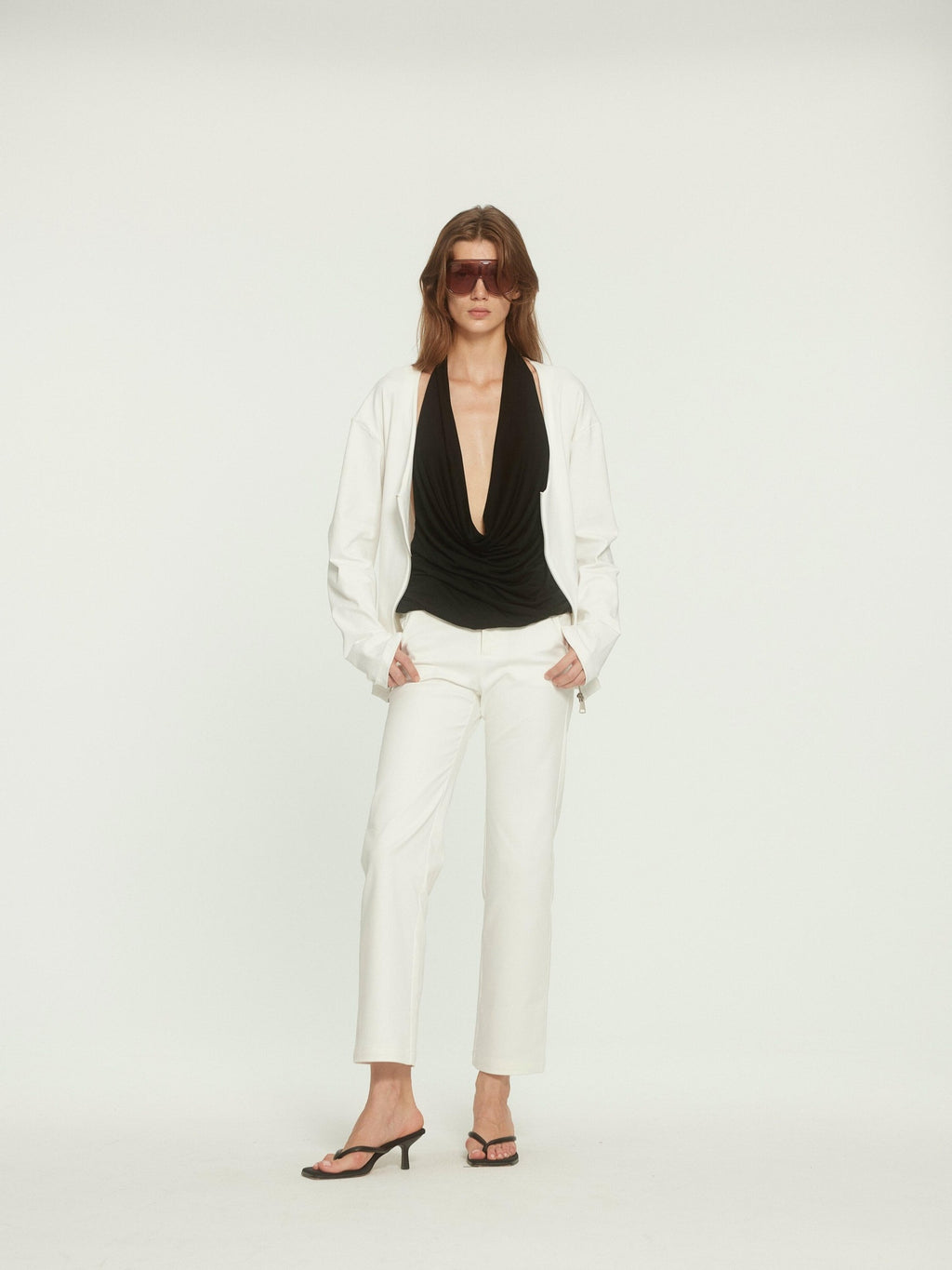 BUZHOU Cotton Stretch Minimal Natural Waist Zip Fly White Cropped Straight Pants