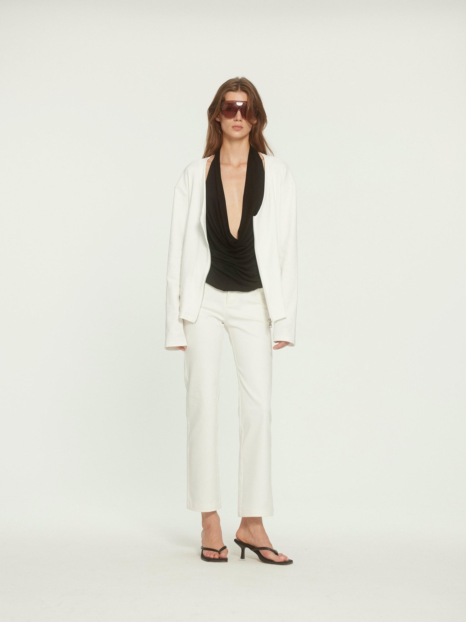 BUZHOU Cotton Stretch Minimal Natural Waist Zip Fly White Cropped Straight Pants
