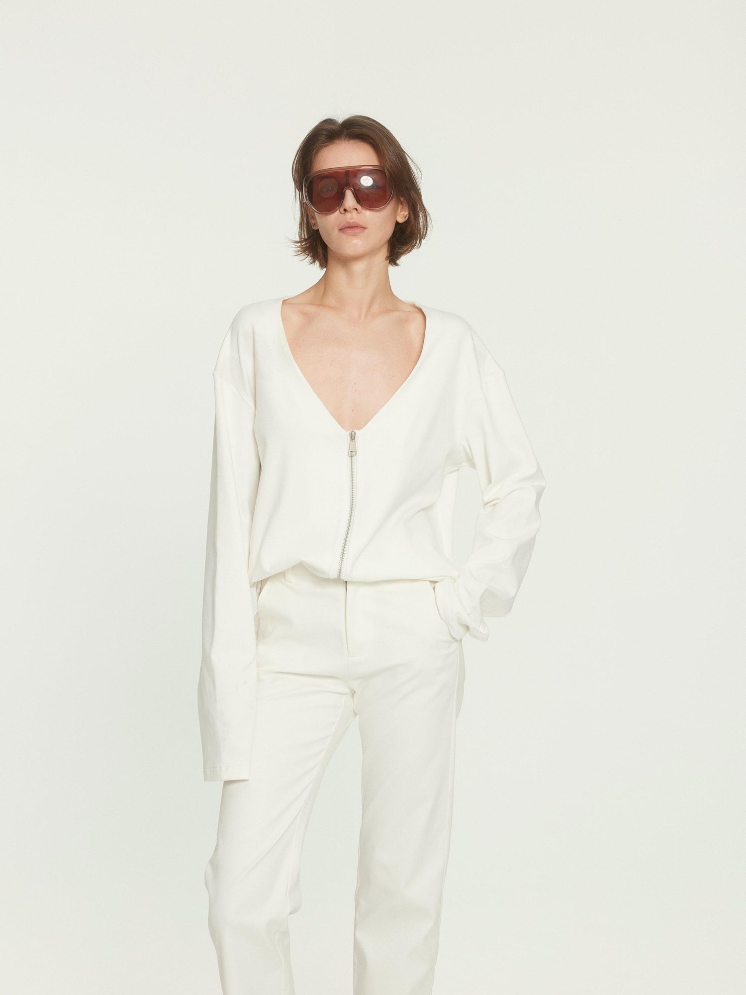 BUZHOU Cotton Stretch Minimal Natural Waist Zip Fly White Cropped Straight Pants