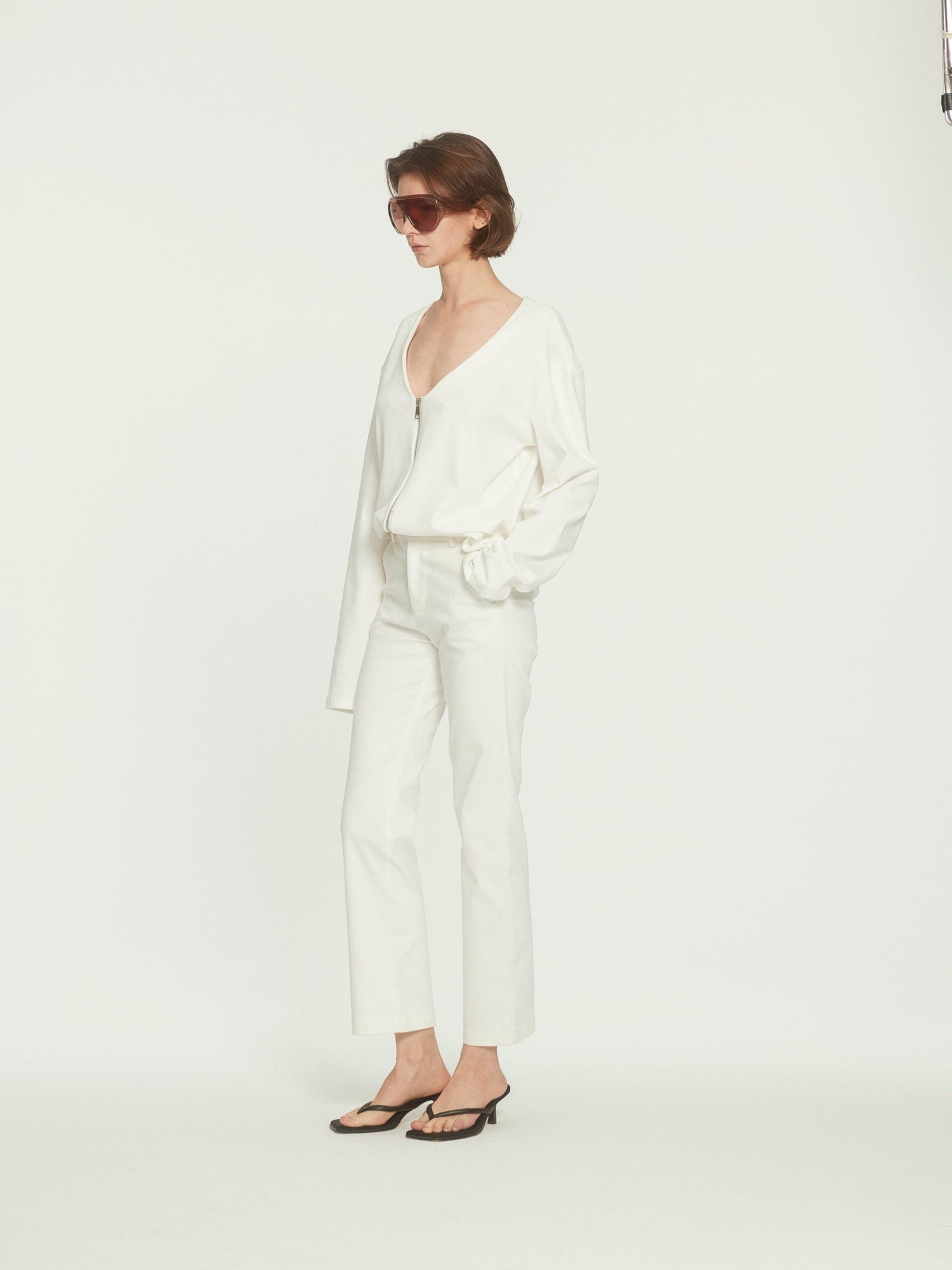 BUZHOU Cotton Stretch Minimal Natural Waist Zip Fly White Cropped Straight Pants