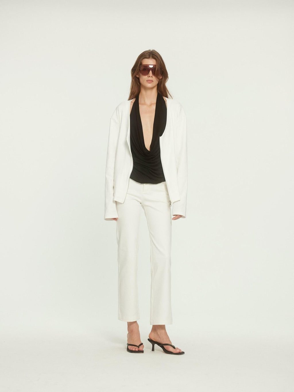 BUZHOU Cotton Stretch Minimal Natural Waist Zip Fly White Cropped Straight Pants