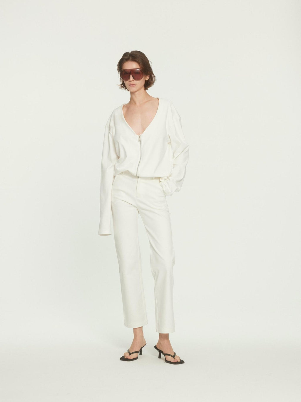 BUZHOU Cotton Stretch Minimal Natural Waist Zip Fly White Cropped Straight Pants