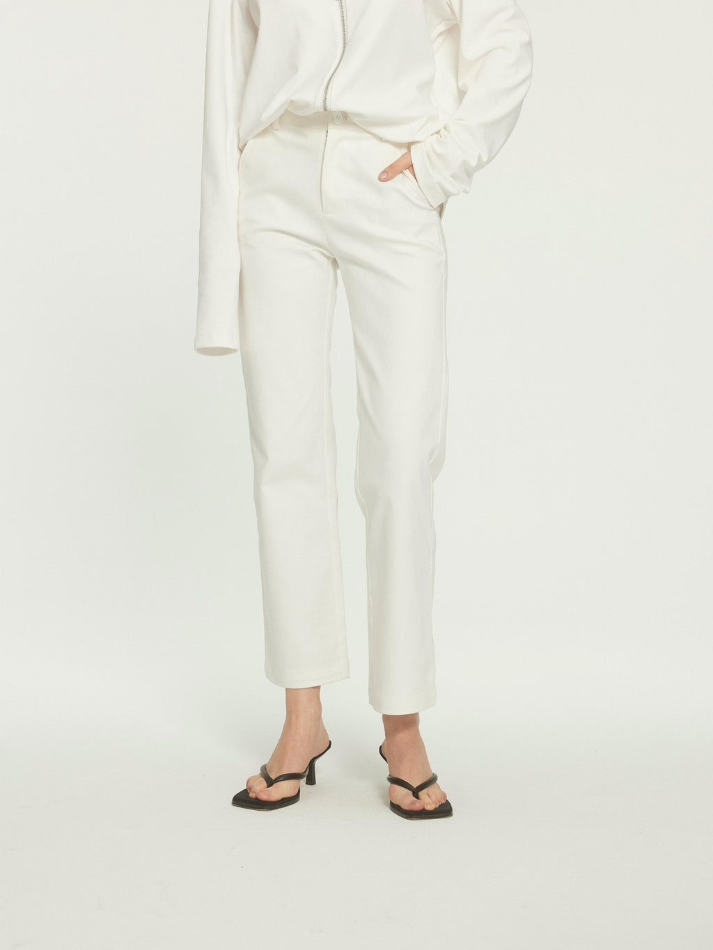 BUZHOU Cotton Stretch Minimal Natural Waist Zip Fly White Cropped Straight Pants