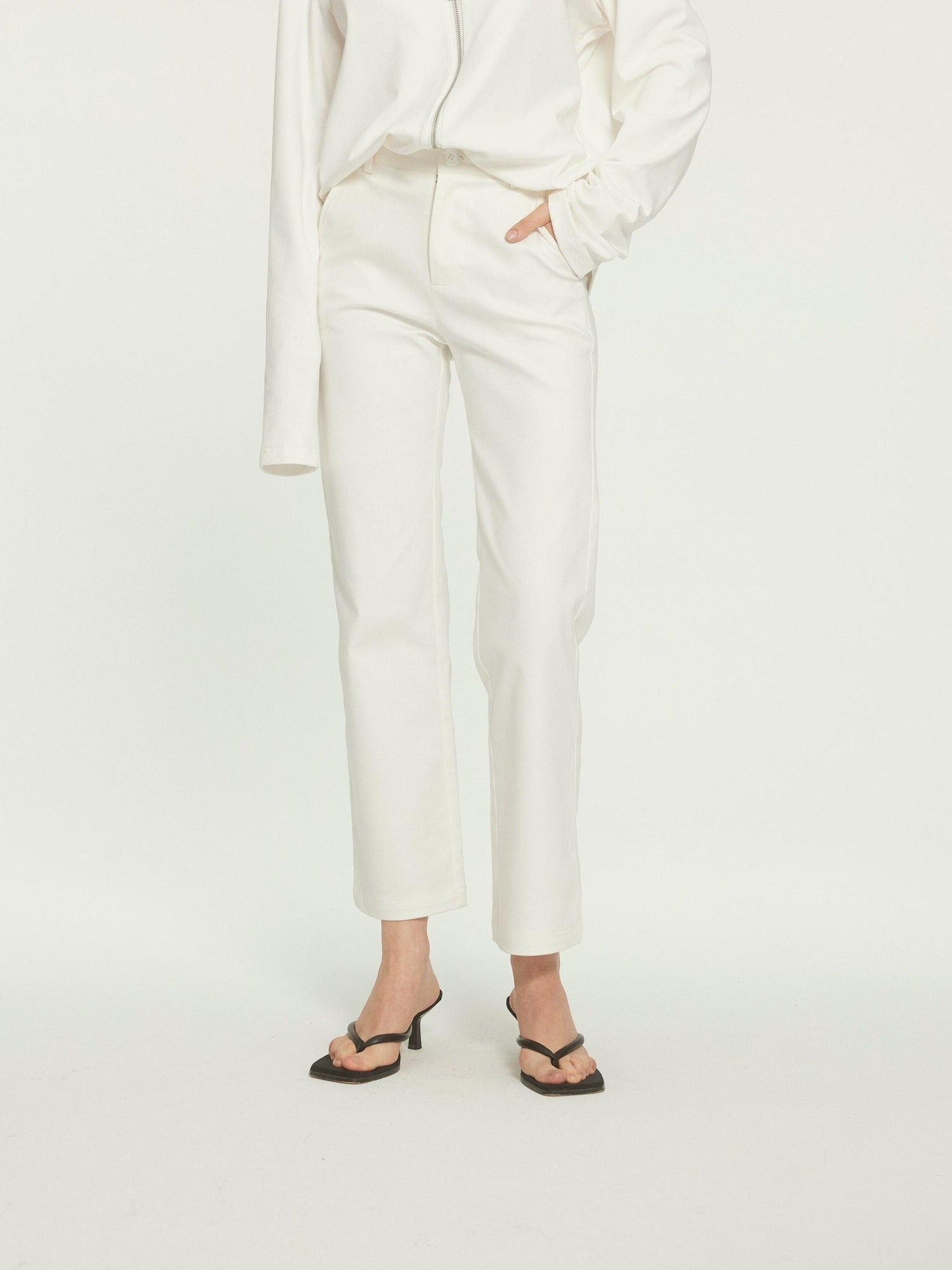 BUZHOU Cotton Stretch Minimal Natural Waist Zip Fly White Cropped Straight Pants
