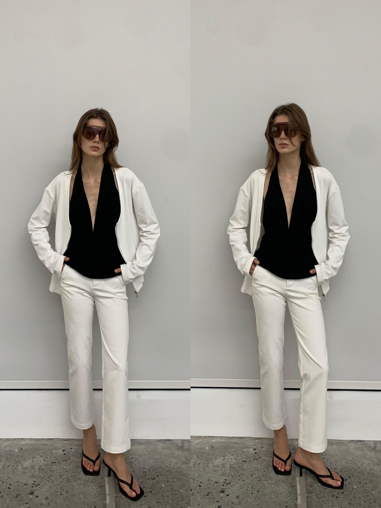 BUZHOU Cotton Stretch Minimal Natural Waist Zip Fly White Cropped Straight Pants