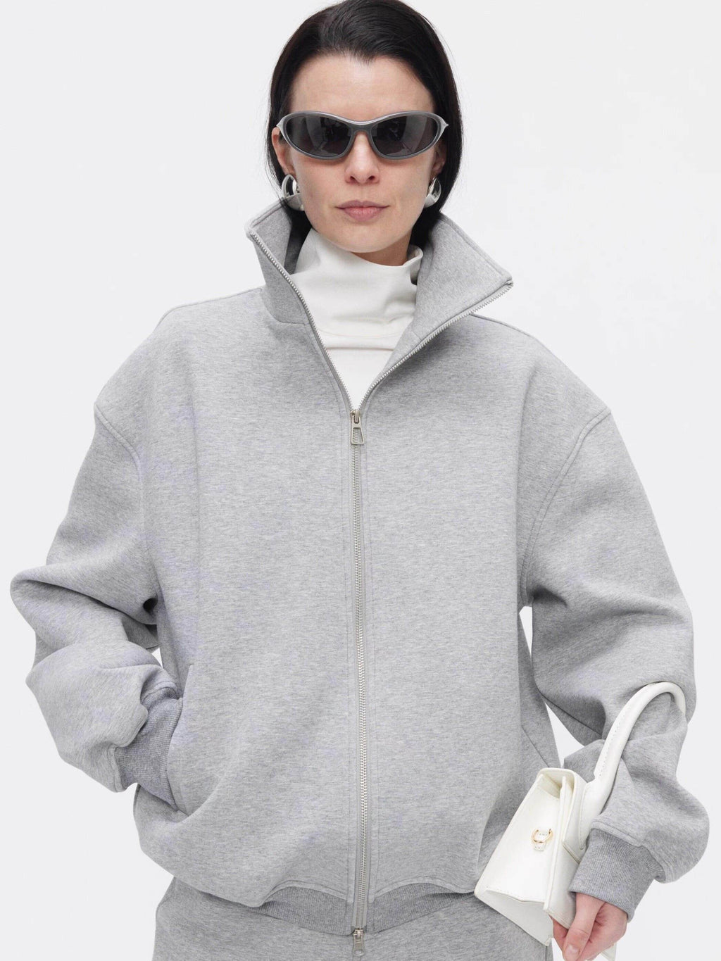BUZHOU_Cozy_Minimalist_Stand_Collar_Sweatshirt_Unisex_Grey_Shorts_Top_&_Shorts_Sets_MISSTT
