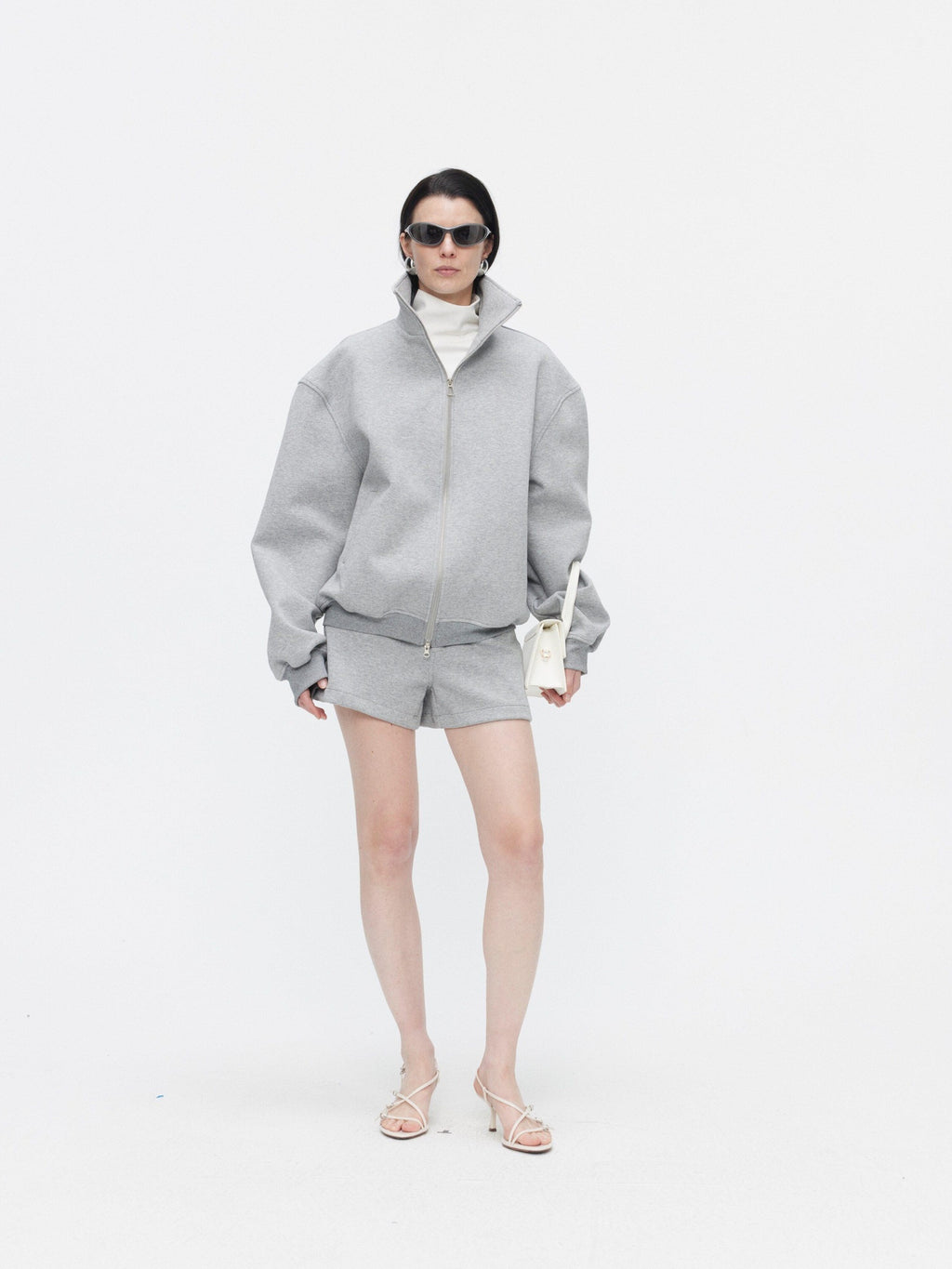BUZHOU Cozy Minimalist Stand Collar Sweatshirt Unisex Grey Shorts Top & Shorts Sets