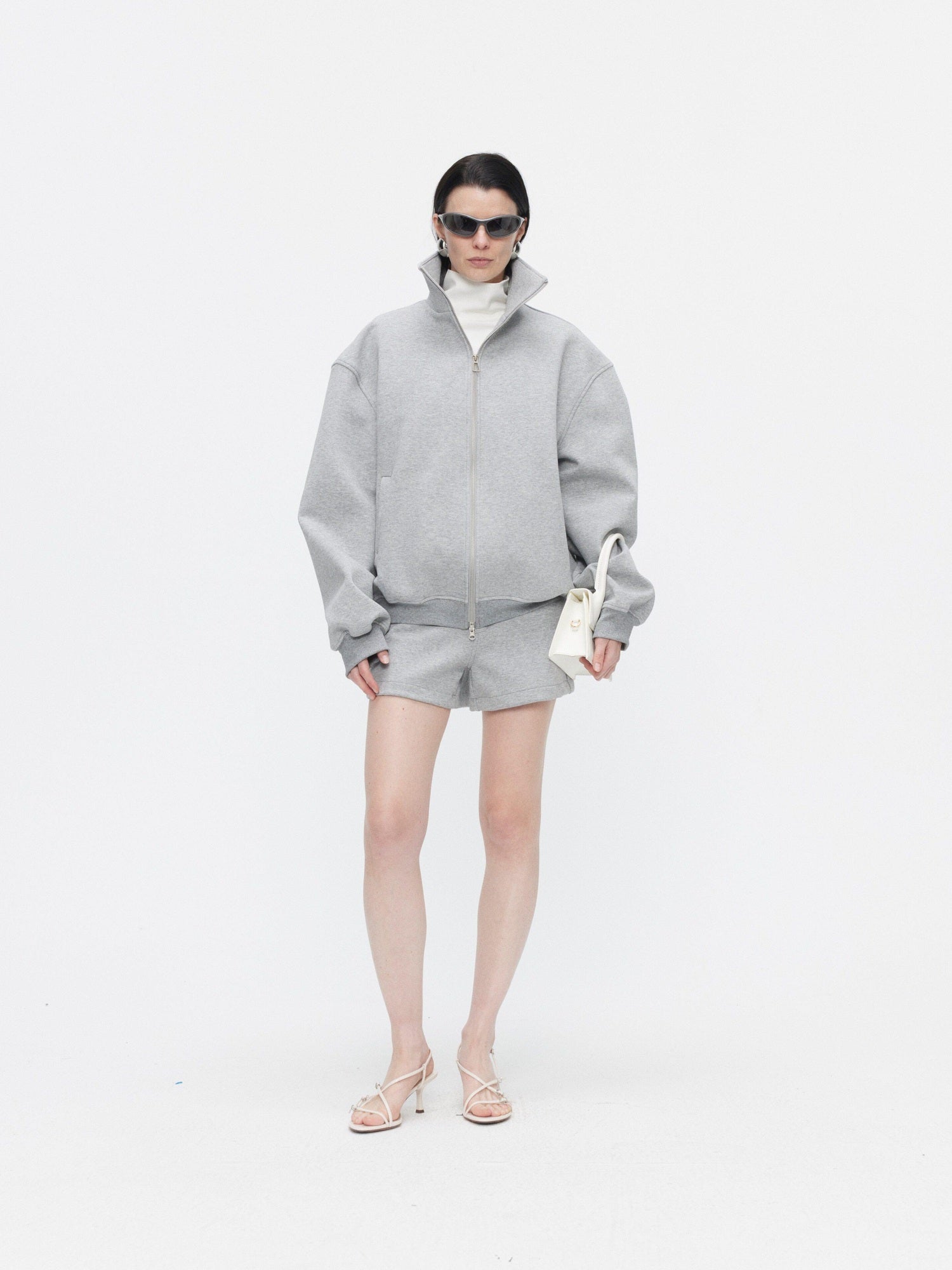 BUZHOU Cozy Minimalist Stand Collar Sweatshirt Unisex Grey Shorts Top & Shorts Sets