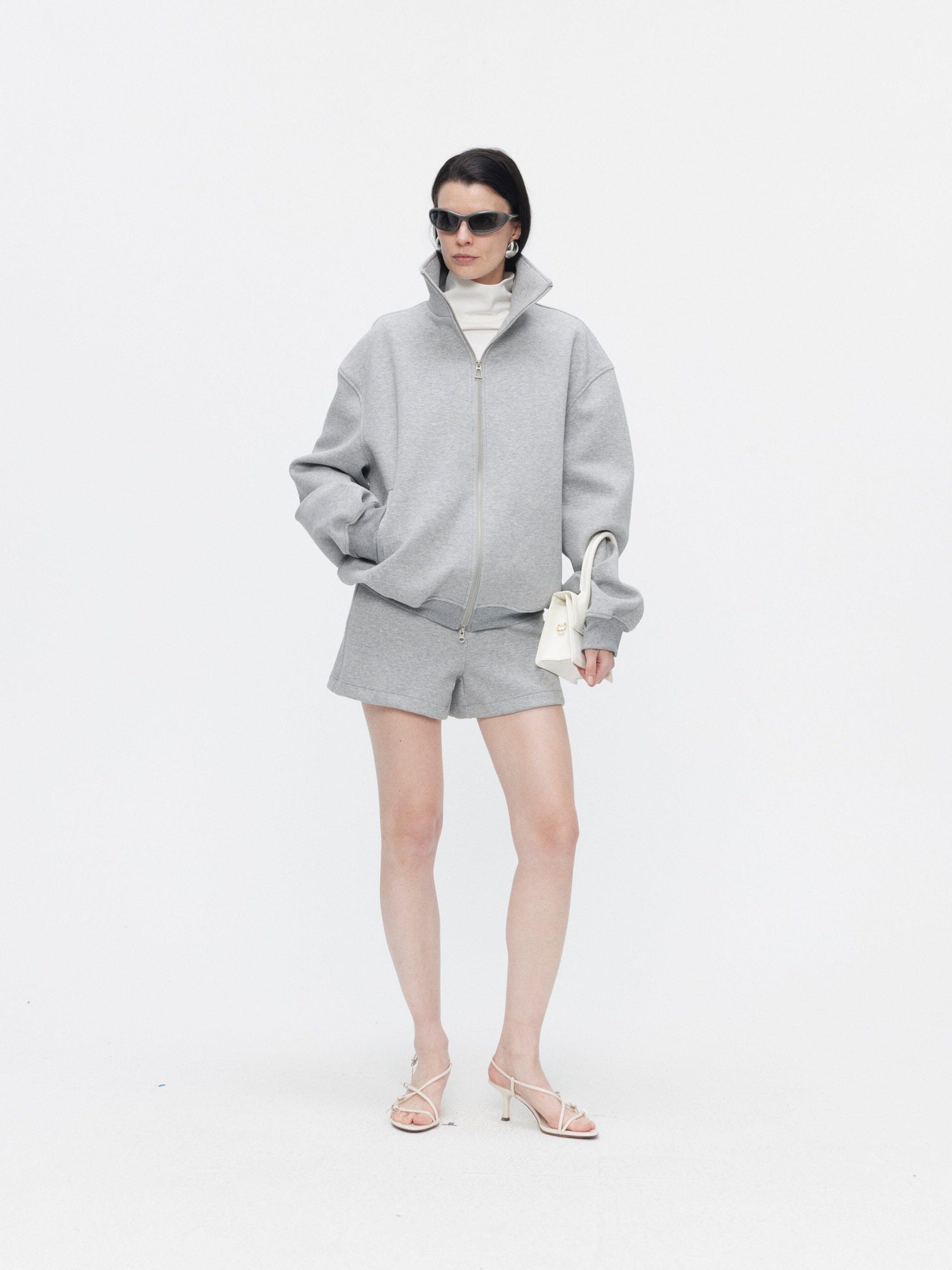 BUZHOU Cozy Minimalist Stand Collar Sweatshirt Unisex Grey Shorts Top & Shorts Sets