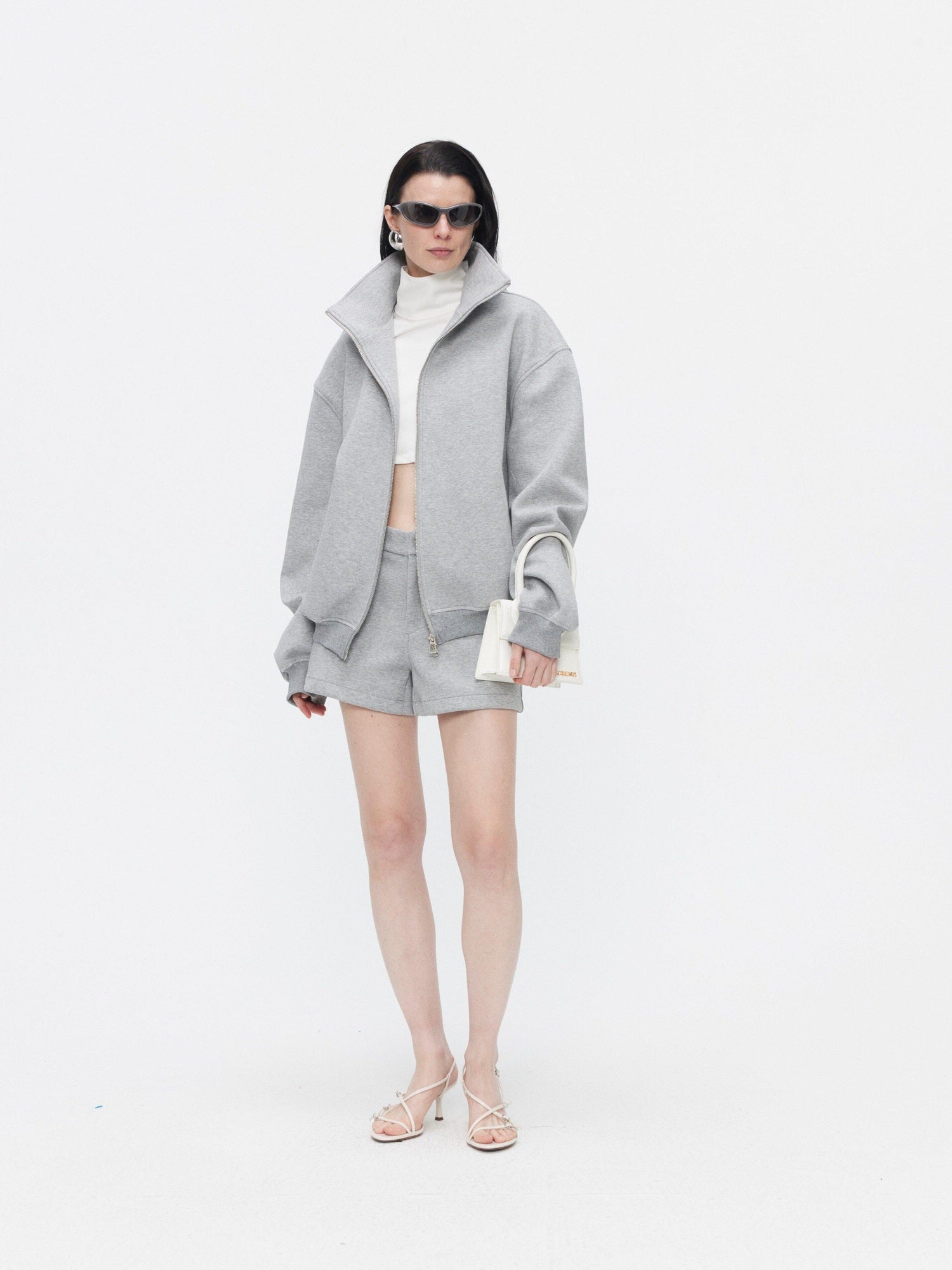 BUZHOU Cozy Minimalist Stand Collar Sweatshirt Unisex Grey Shorts Top & Shorts Sets