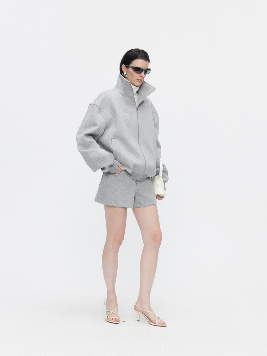 BUZHOU Cozy Minimalist Stand Collar Sweatshirt Unisex Grey Shorts Top & Shorts Sets