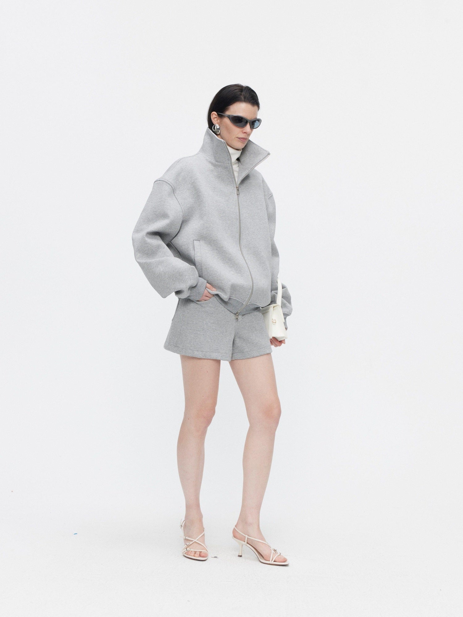 BUZHOU Cozy Minimalist Stand Collar Sweatshirt Unisex Grey Shorts Top & Shorts Sets