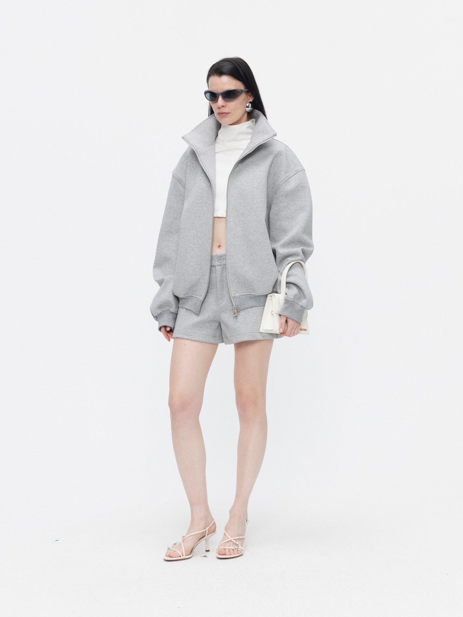 BUZHOU Cozy Minimalist Stand Collar Sweatshirt Unisex Grey Shorts Top & Shorts Sets