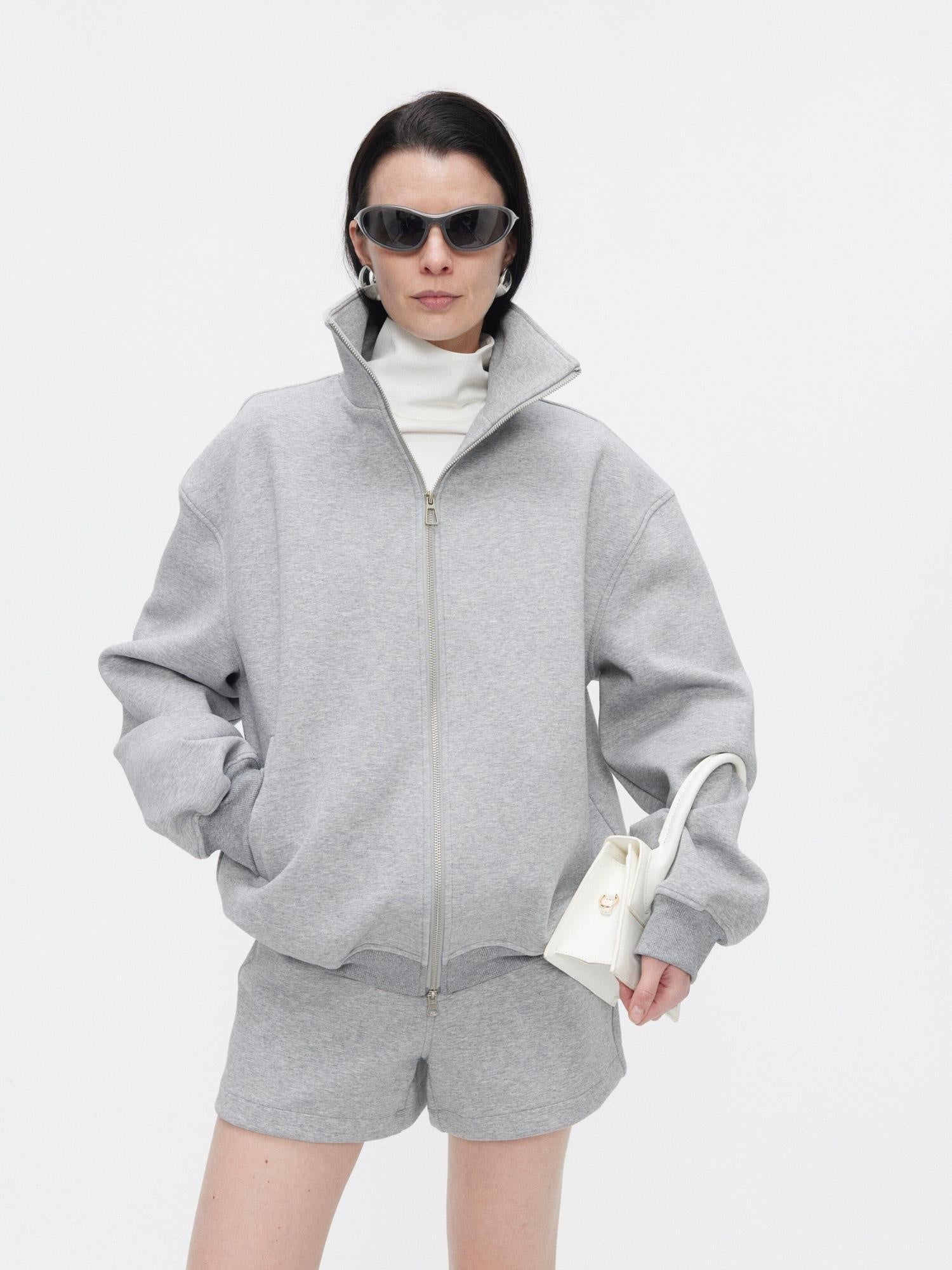 BUZHOU Cozy Minimalist Stand Collar Sweatshirt Unisex Grey Shorts Top & Shorts Sets