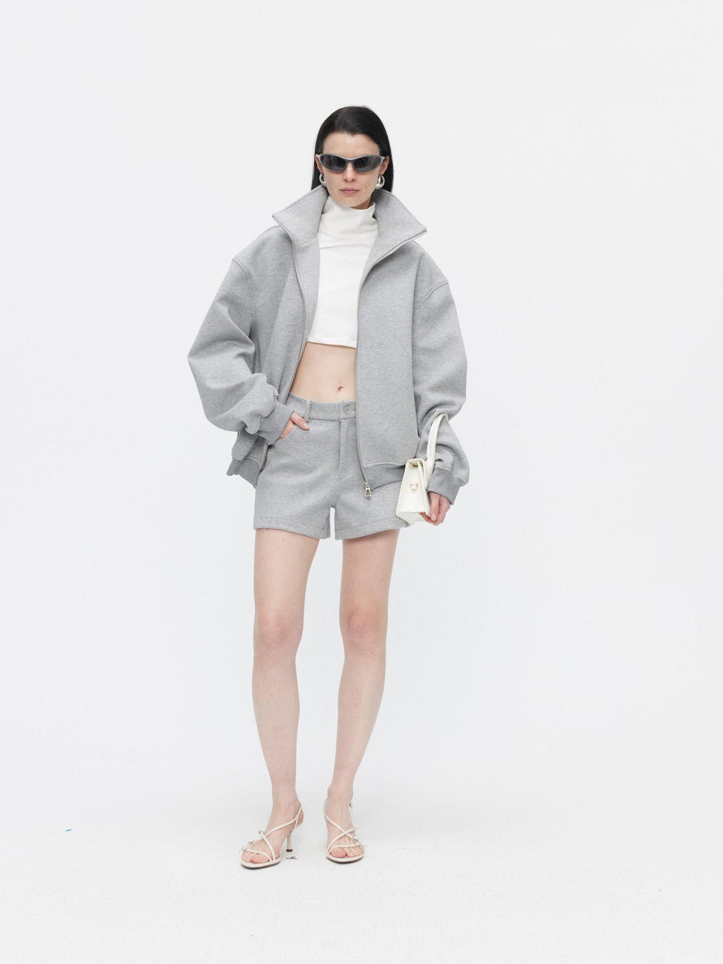BUZHOU Cozy Minimalist Stand Collar Sweatshirt Unisex Grey Shorts Top & Shorts Sets