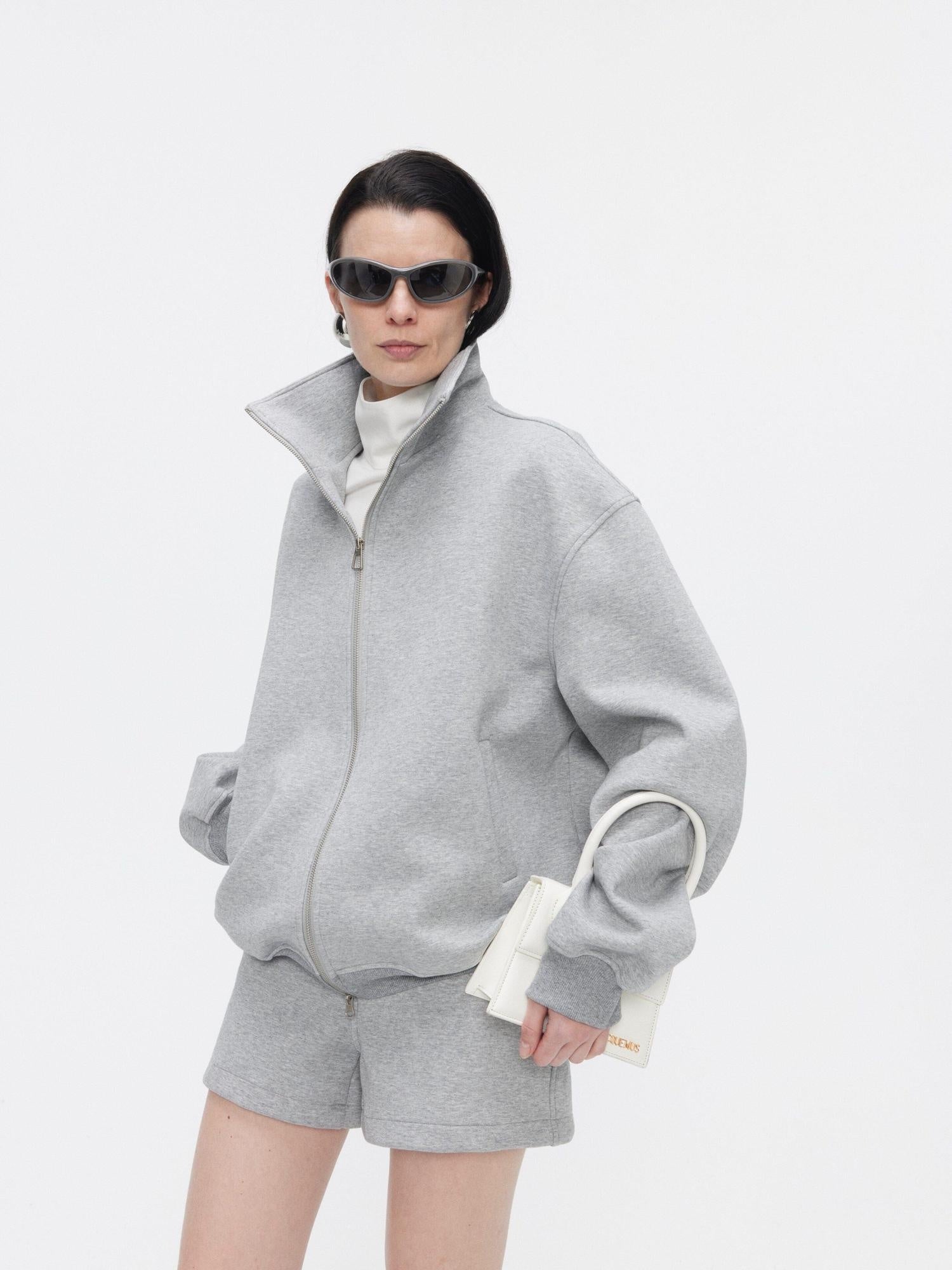 BUZHOU Cozy Minimalist Stand Collar Sweatshirt Unisex Grey Shorts Top & Shorts Sets