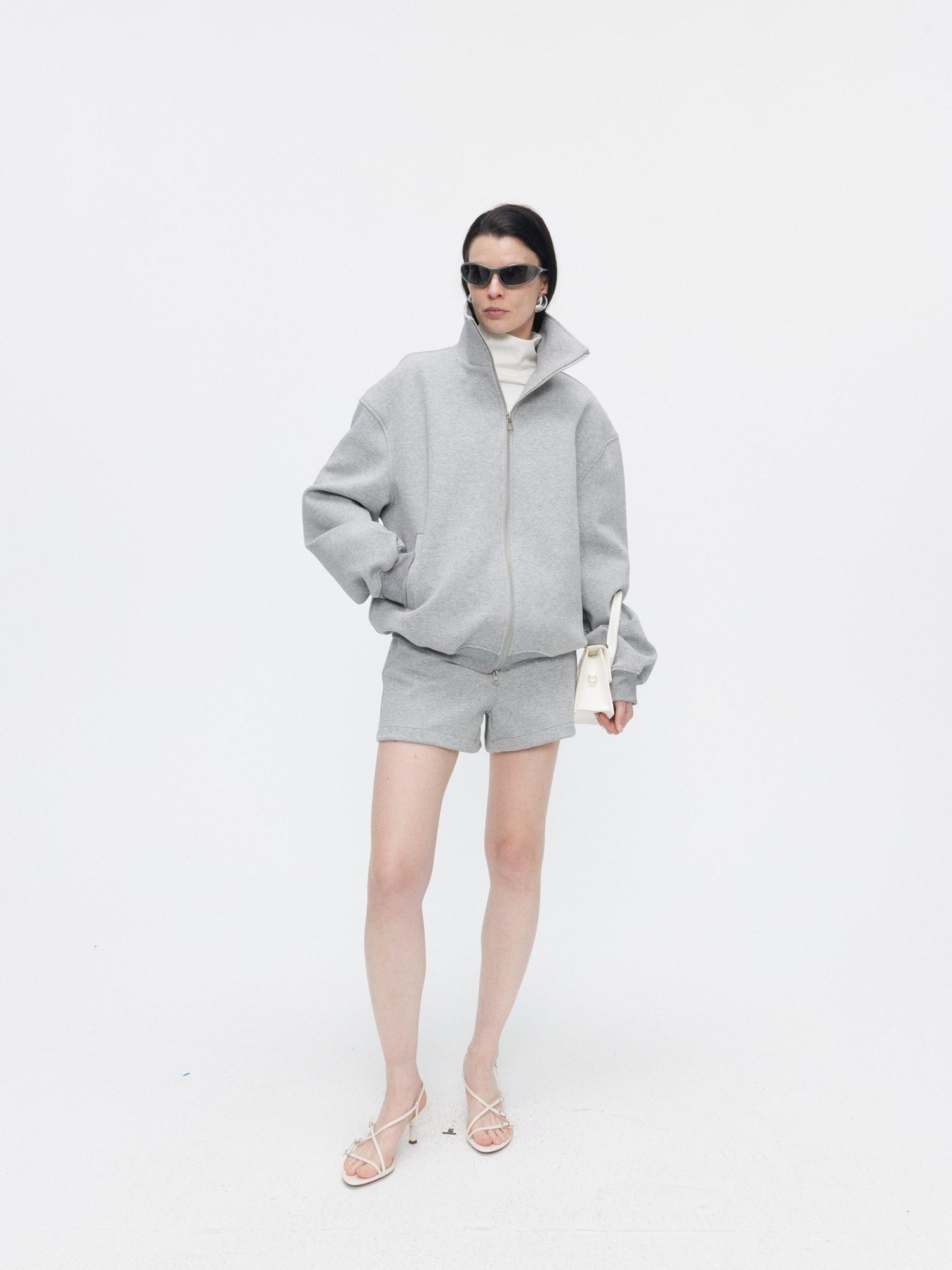 BUZHOU Cozy Minimalist Stand Collar Sweatshirt Unisex Grey Shorts Top & Shorts Sets