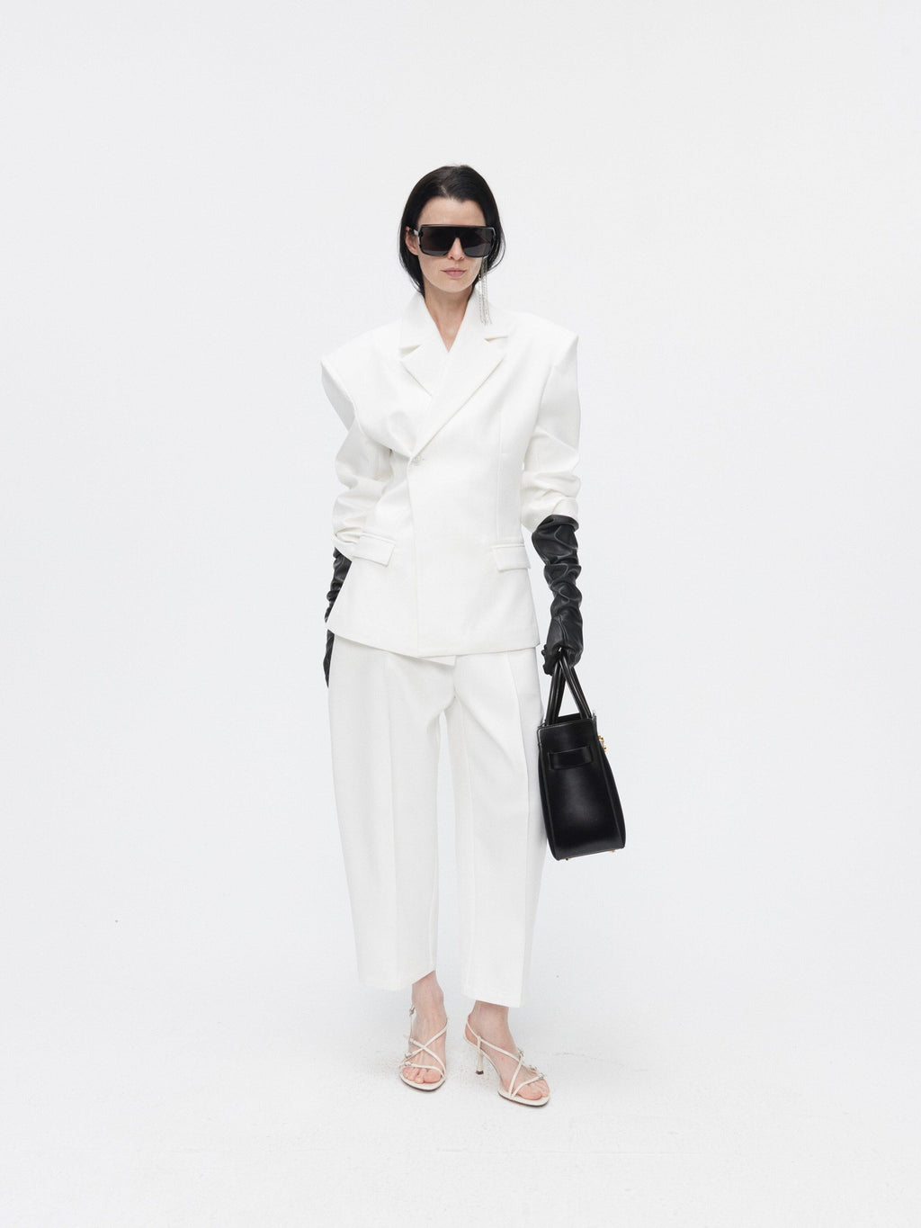 BUZHOU Crisp White Twopiece Pleated Ankle Length Workwear Unisex Longsleeve Blazer Sets