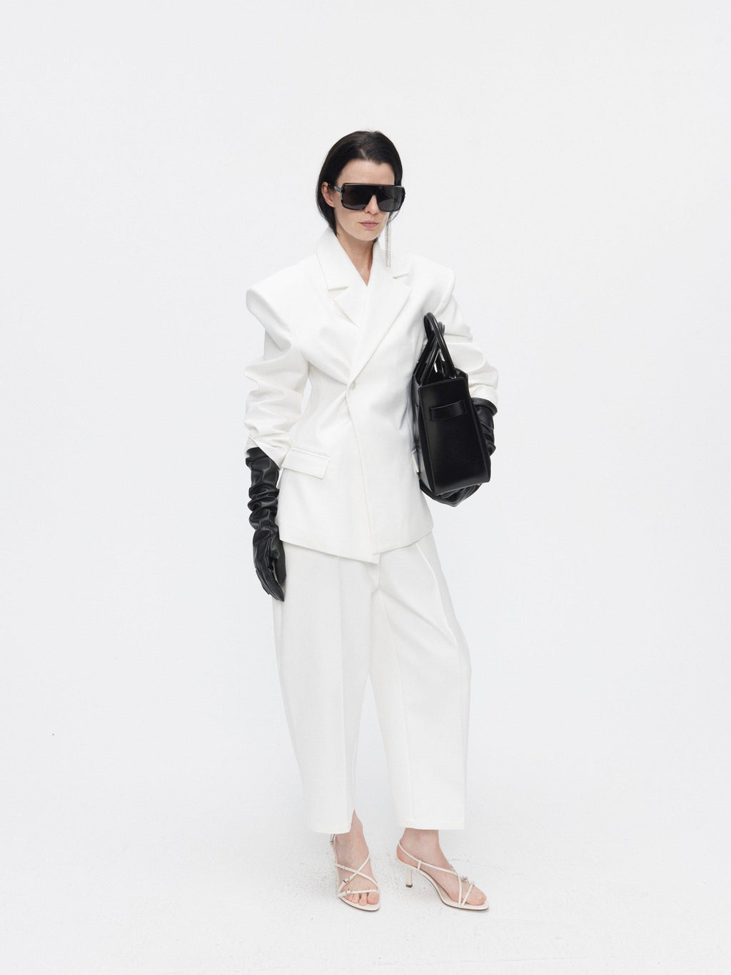 BUZHOU Crisp White Twopiece Pleated Ankle Length Workwear Unisex Longsleeve Blazer Sets