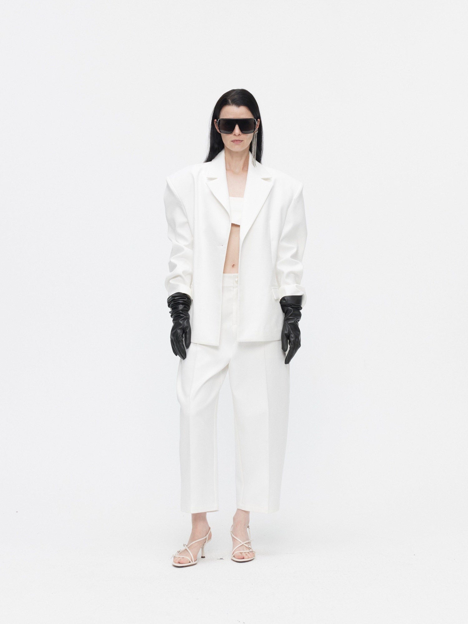 BUZHOU Crisp White Twopiece Pleated Ankle Length Workwear Unisex Longsleeve Blazer Sets