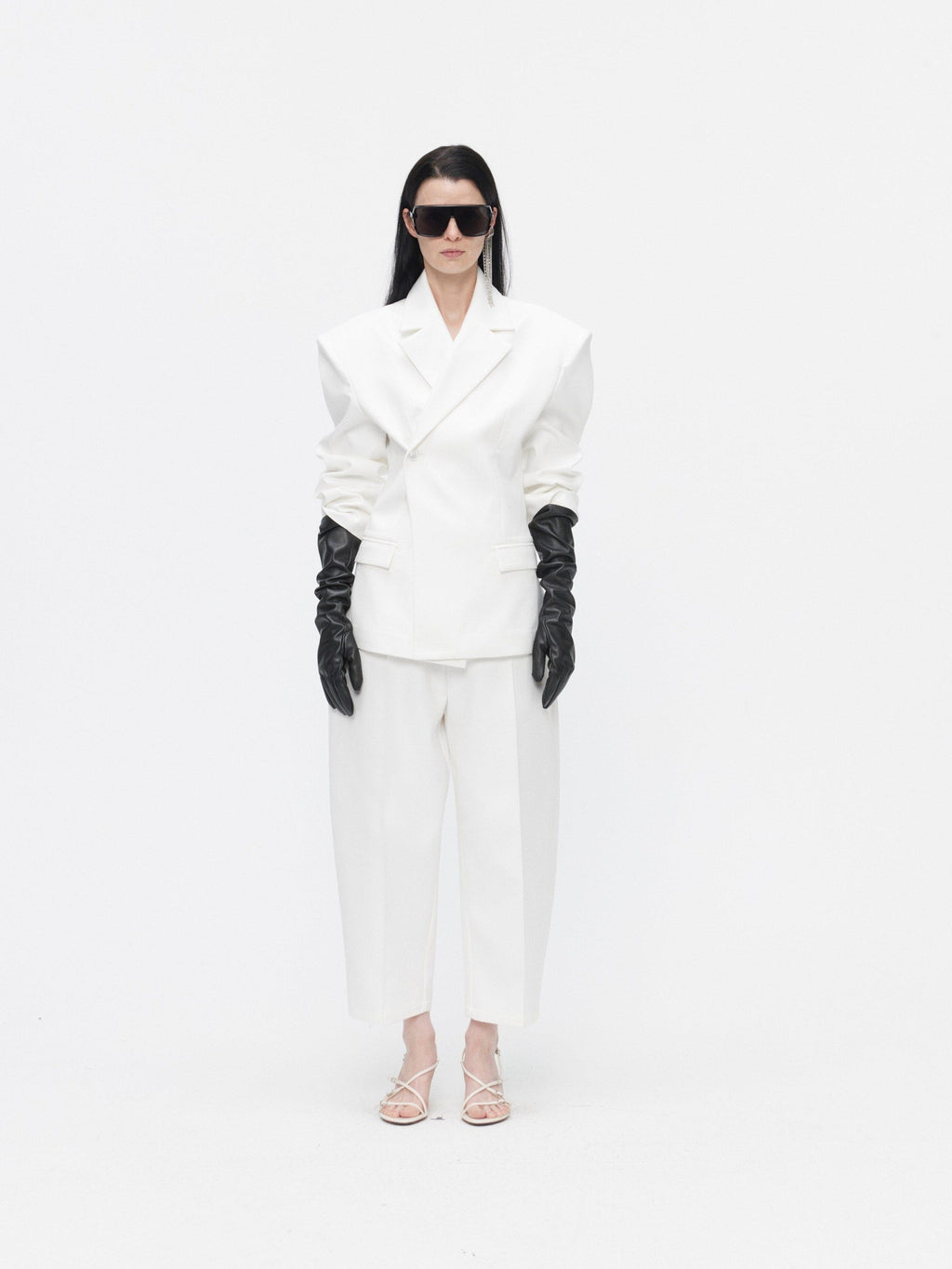 BUZHOU Crisp White Twopiece Pleated Ankle Length Workwear Unisex Longsleeve Blazer Sets