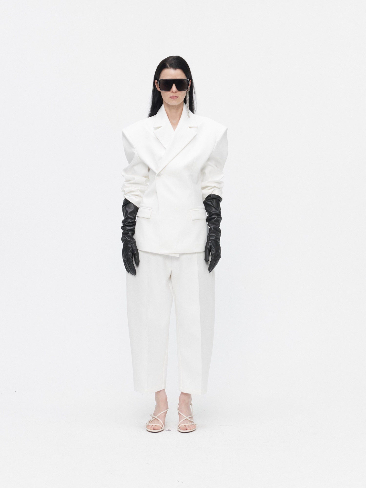BUZHOU Crisp White Twopiece Pleated Ankle Length Workwear Unisex Longsleeve Blazer Sets