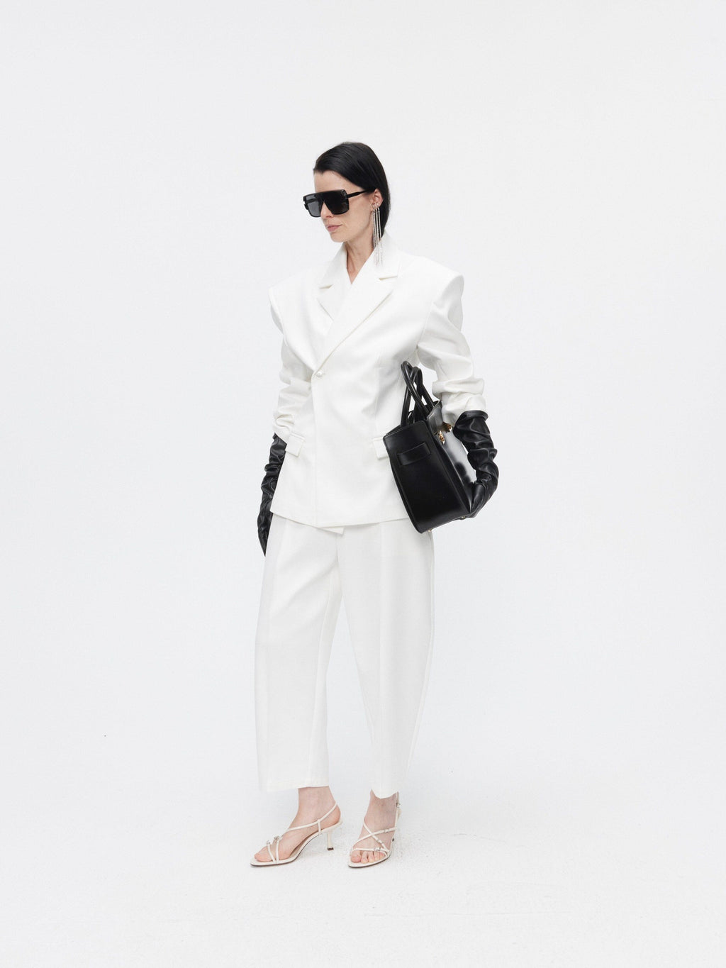 BUZHOU Crisp White Twopiece Pleated Ankle Length Workwear Unisex Longsleeve Blazer Sets