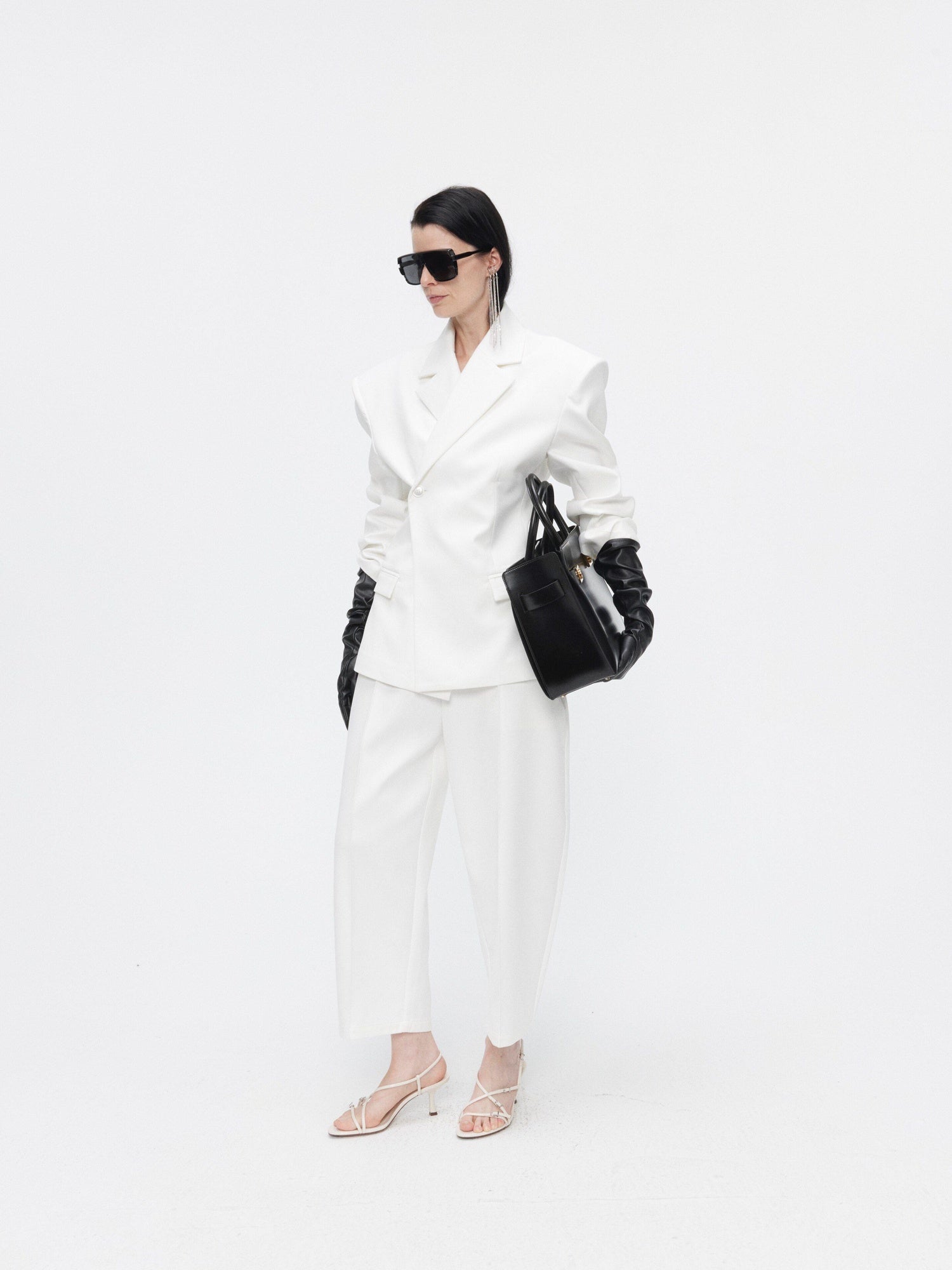 BUZHOU Crisp White Twopiece Pleated Ankle Length Workwear Unisex Longsleeve Blazer Sets
