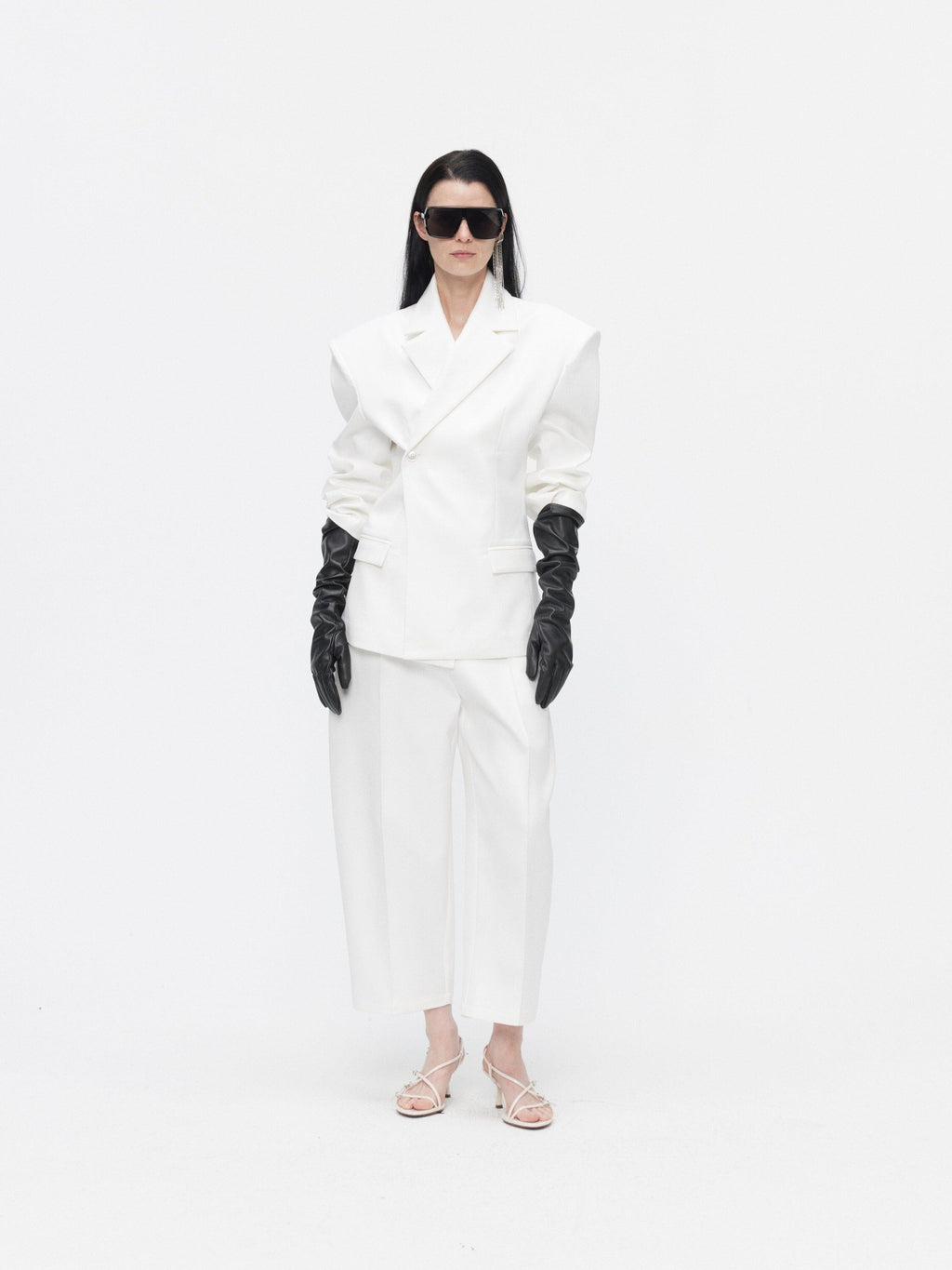 BUZHOU Crisp White Twopiece Pleated Ankle Length Workwear Unisex Longsleeve Blazer Sets