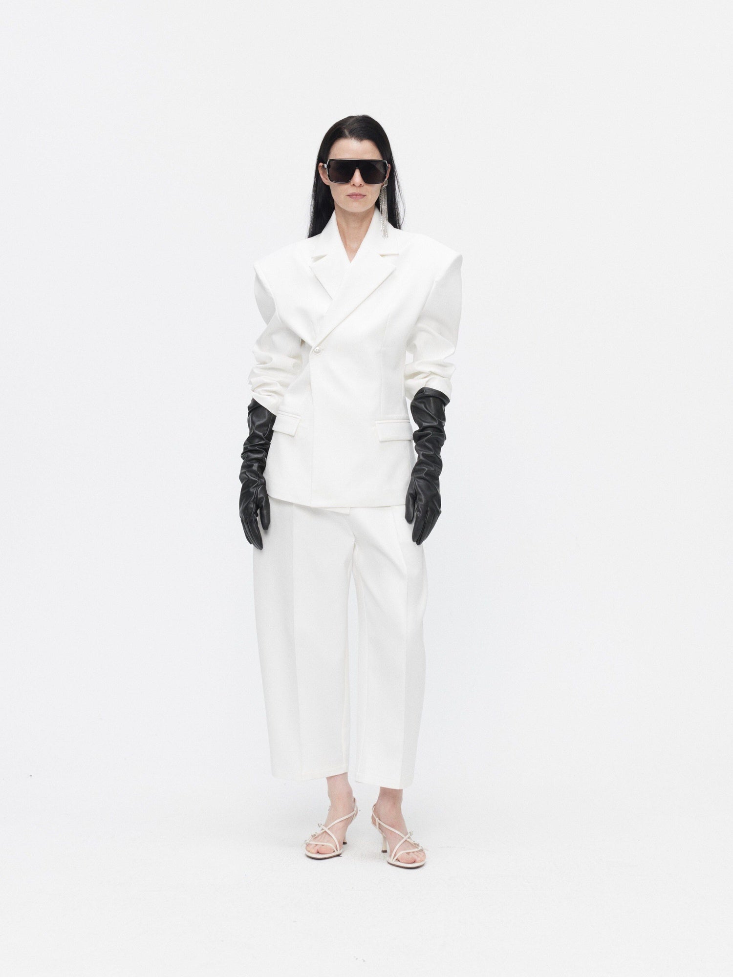 BUZHOU Crisp White Twopiece Pleated Ankle Length Workwear Unisex Longsleeve Blazer Sets