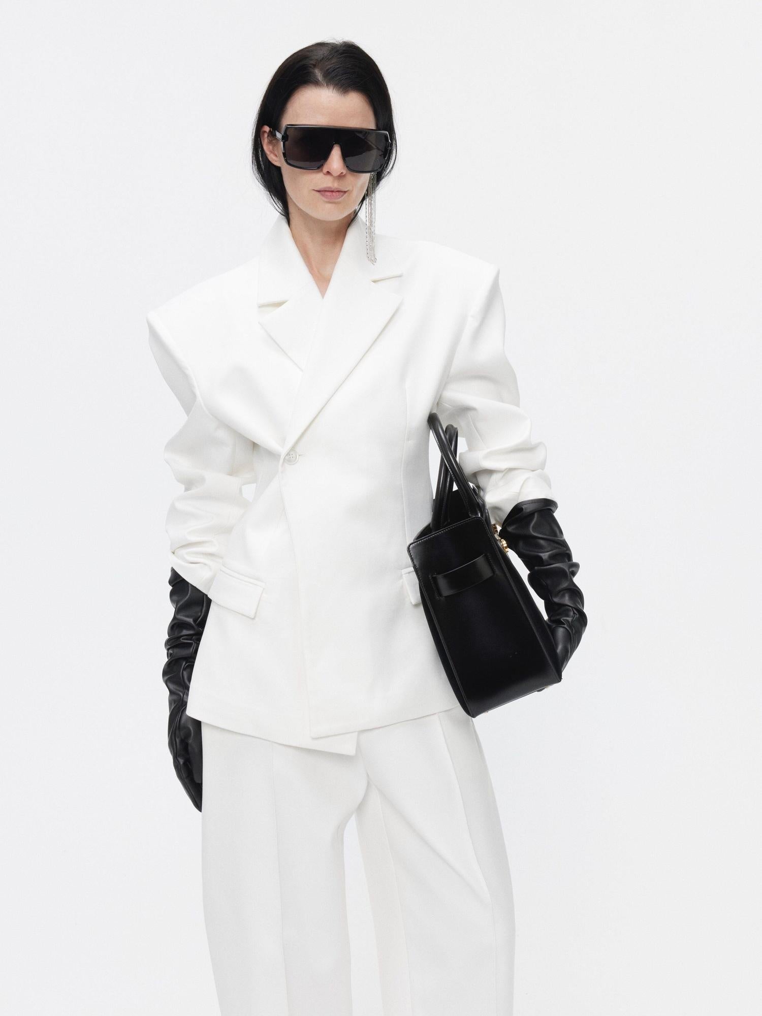 BUZHOU Crisp White Twopiece Pleated Ankle Length Workwear Unisex Longsleeve Blazer Sets
