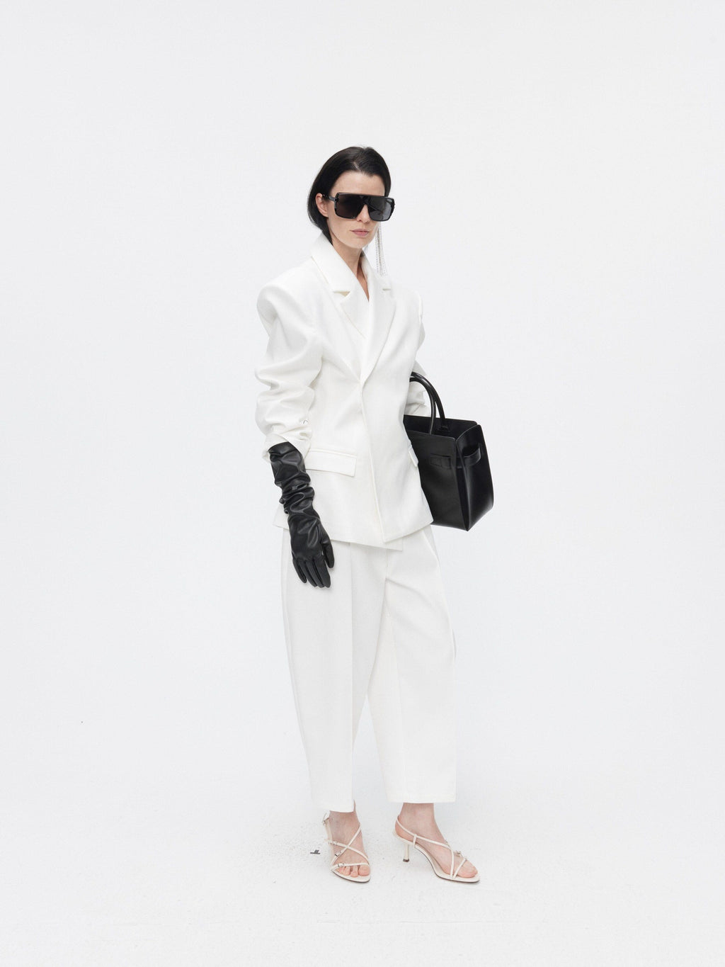 BUZHOU Crisp White Twopiece Pleated Ankle Length Workwear Unisex Longsleeve Blazer Sets