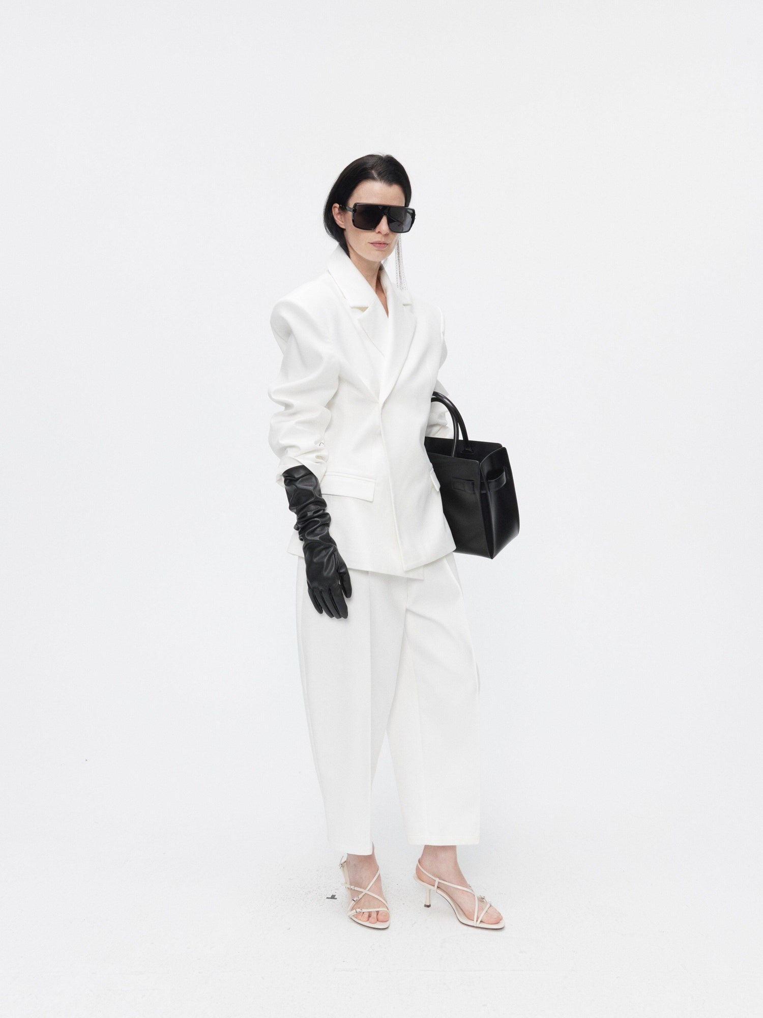 BUZHOU Crisp White Twopiece Pleated Ankle Length Workwear Unisex Longsleeve Blazer Sets