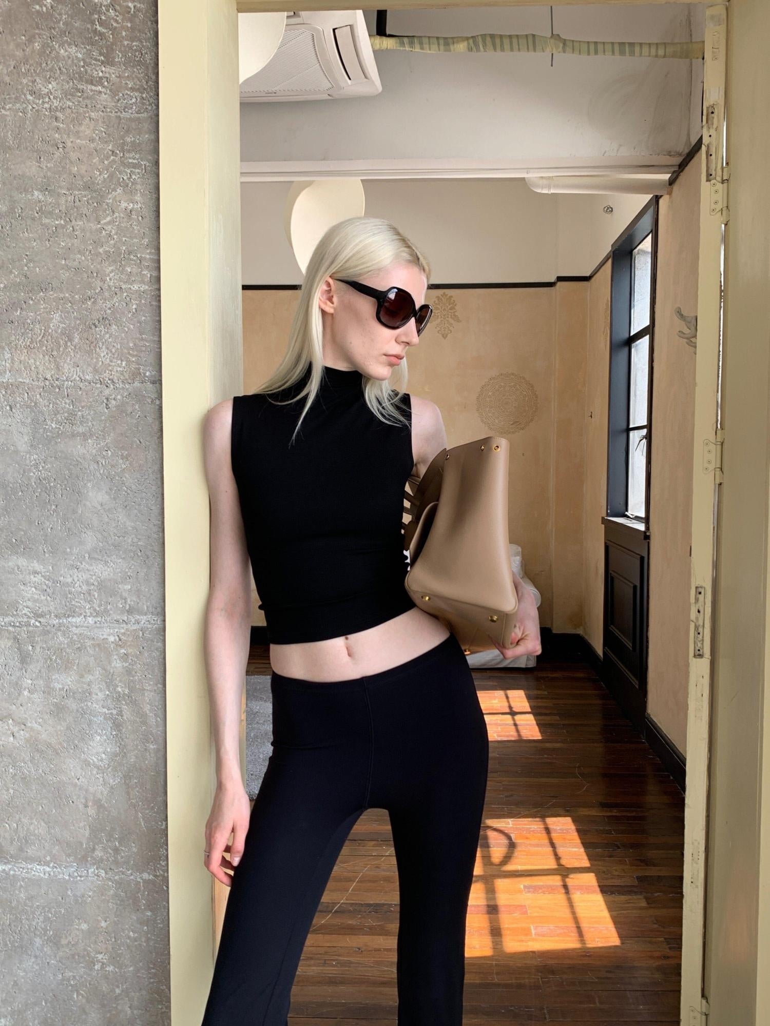 BUZHOU Cropped Black Mock Neck H Cut Slim Cotton Blend Women Tank Tops
