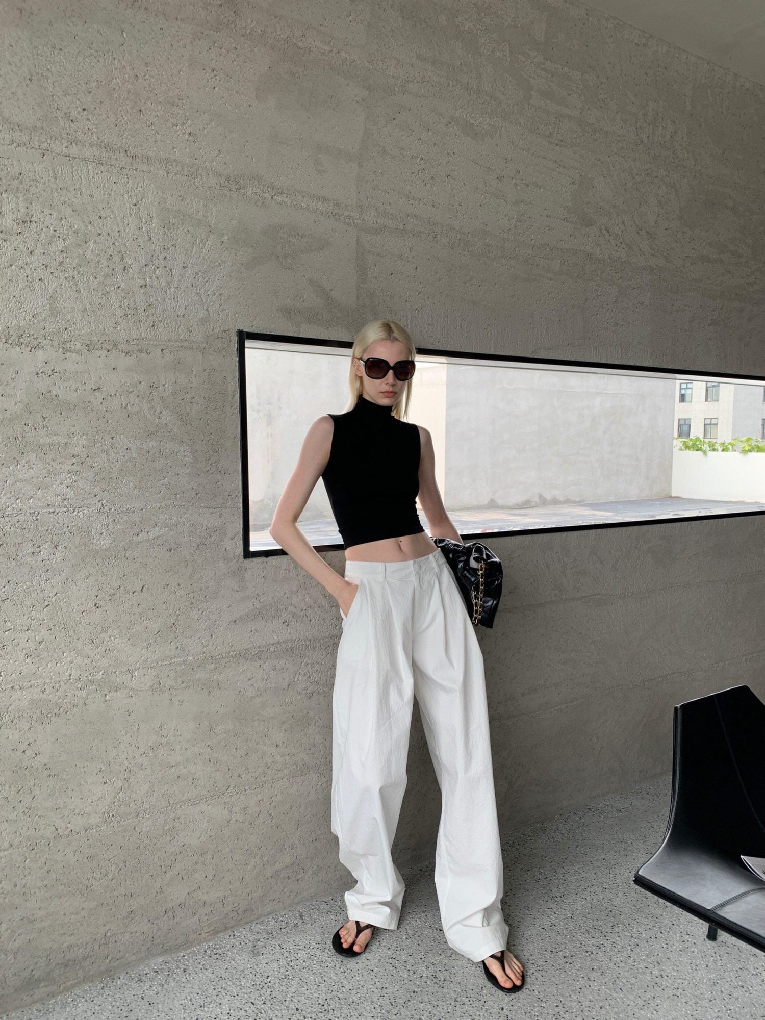 BUZHOU Cropped Black Mock Neck H Cut Slim Cotton Blend Women Tank Tops