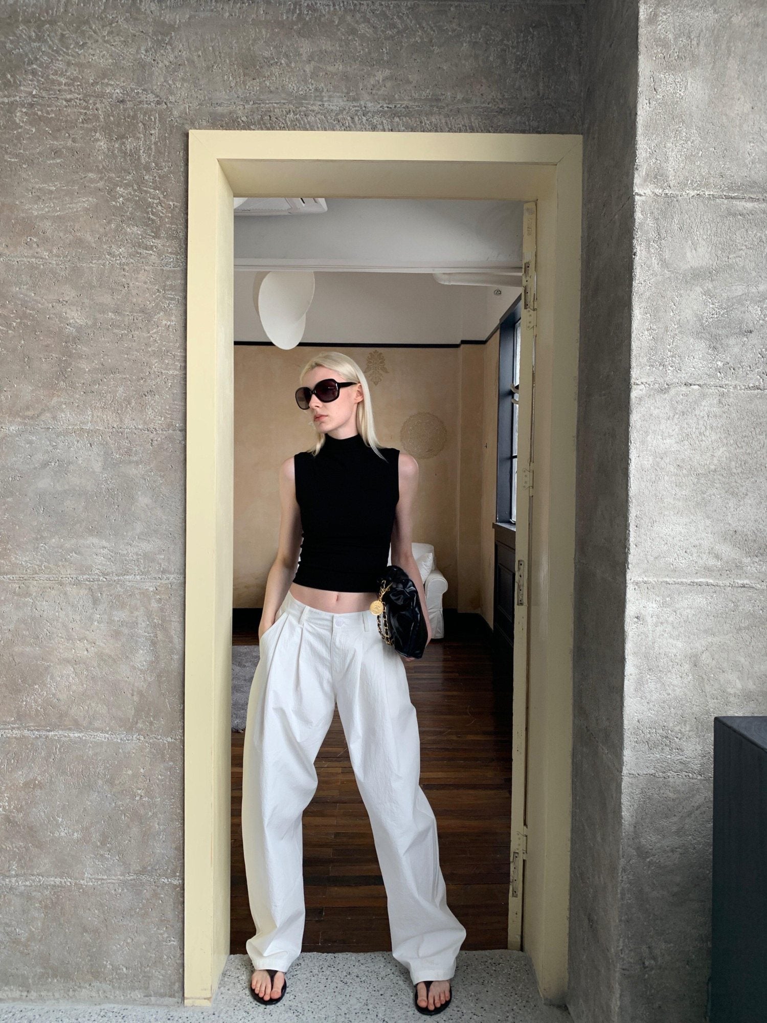 BUZHOU Cropped Black Mock Neck H Cut Slim Cotton Blend Women Tank Tops