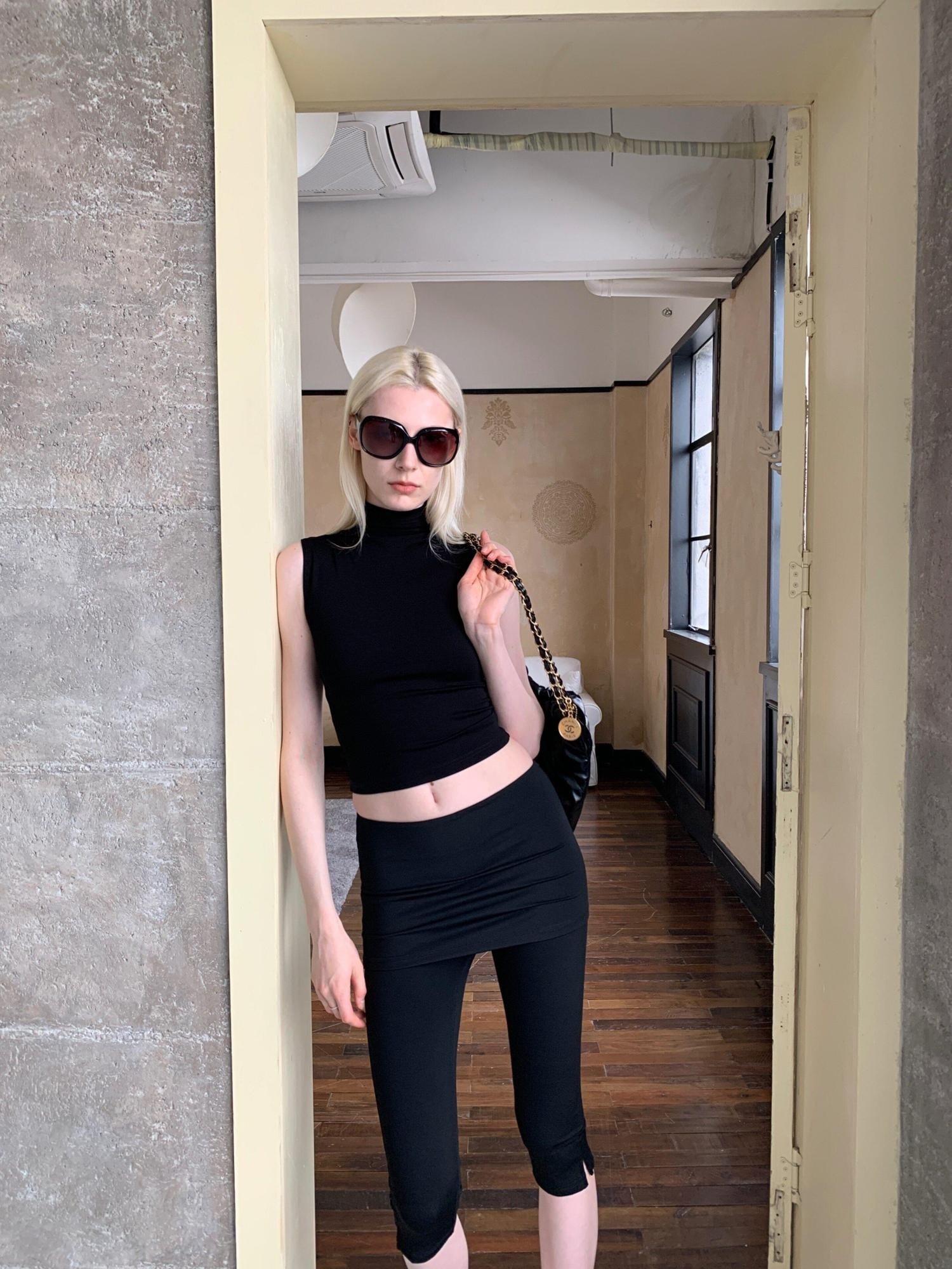 BUZHOU Cropped Black Mock Neck H Cut Slim Cotton Blend Women Tank Tops