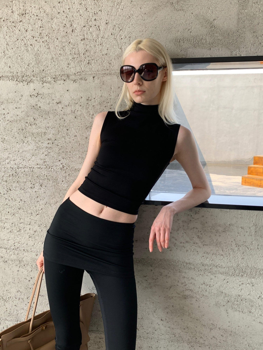 BUZHOU Cropped Black Mock Neck H Cut Slim Cotton Blend Women Tank Tops