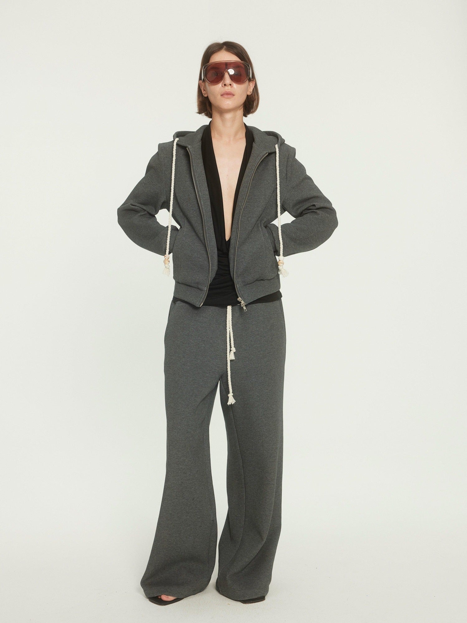 BUZHOU Drawstring Hoodie Long Joggers Sporty Unisex Grey Tracksuit Top & Pants Sets