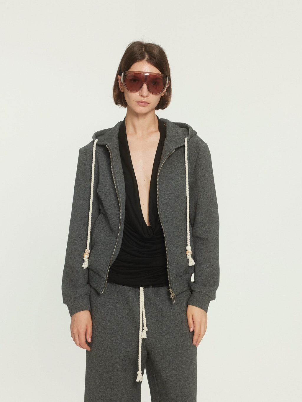 BUZHOU Drawstring Hoodie Long Joggers Sporty Unisex Grey Tracksuit Top & Pants Sets